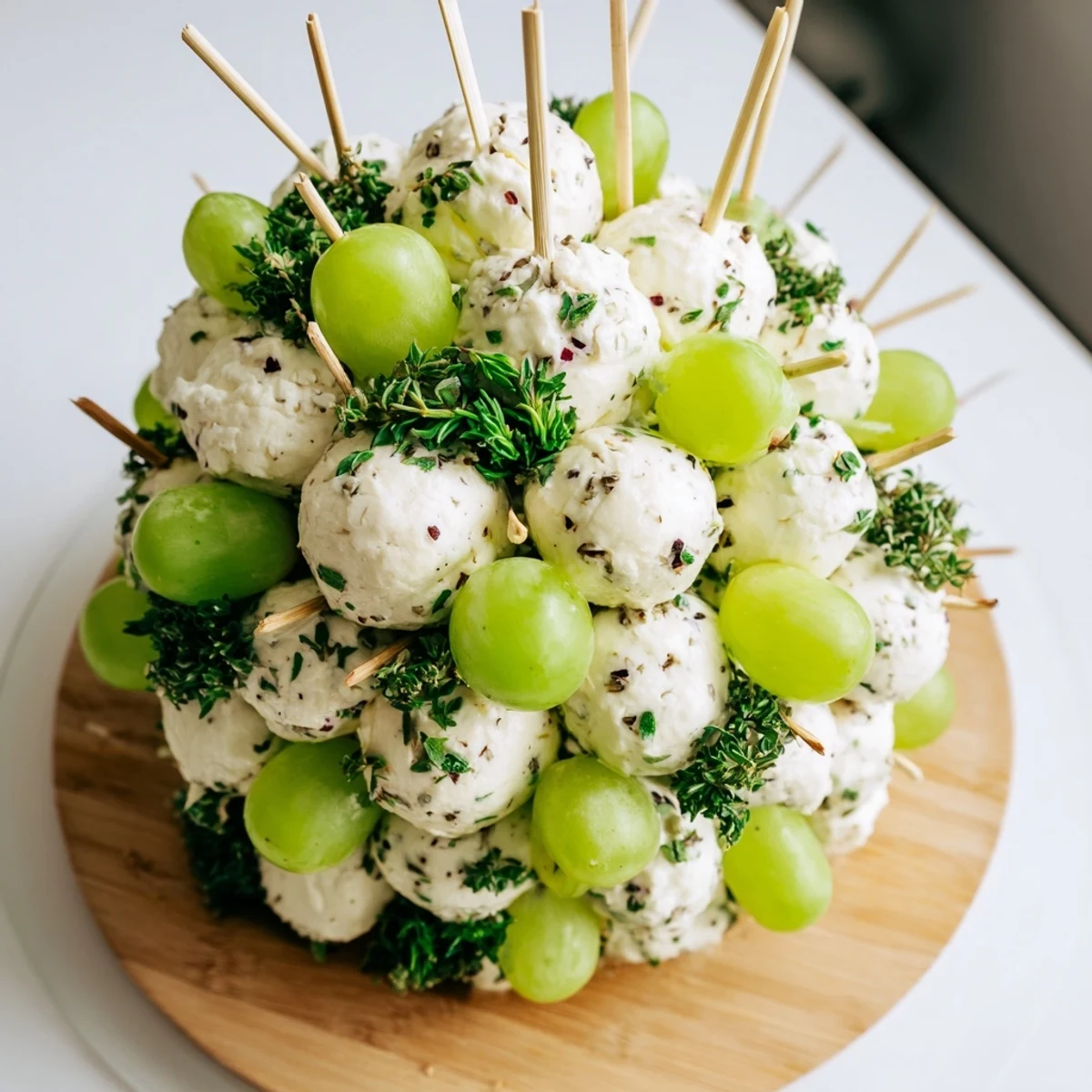 Vibrant Mistletoe Kissing Ball appetizer with creamy cheese, prosciutto, and fresh herbs, perfect for holiday parties.