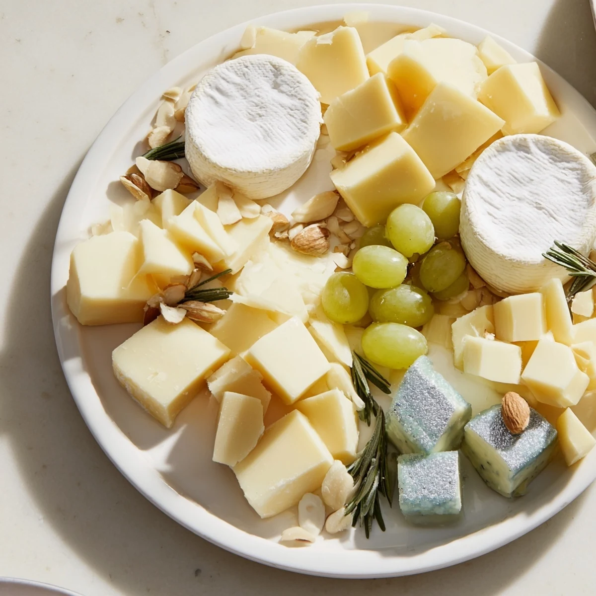 Imagine this: a Winter Wonderland Platter filled with creamy cheeses, fresh grapes, and delicate silver accents.