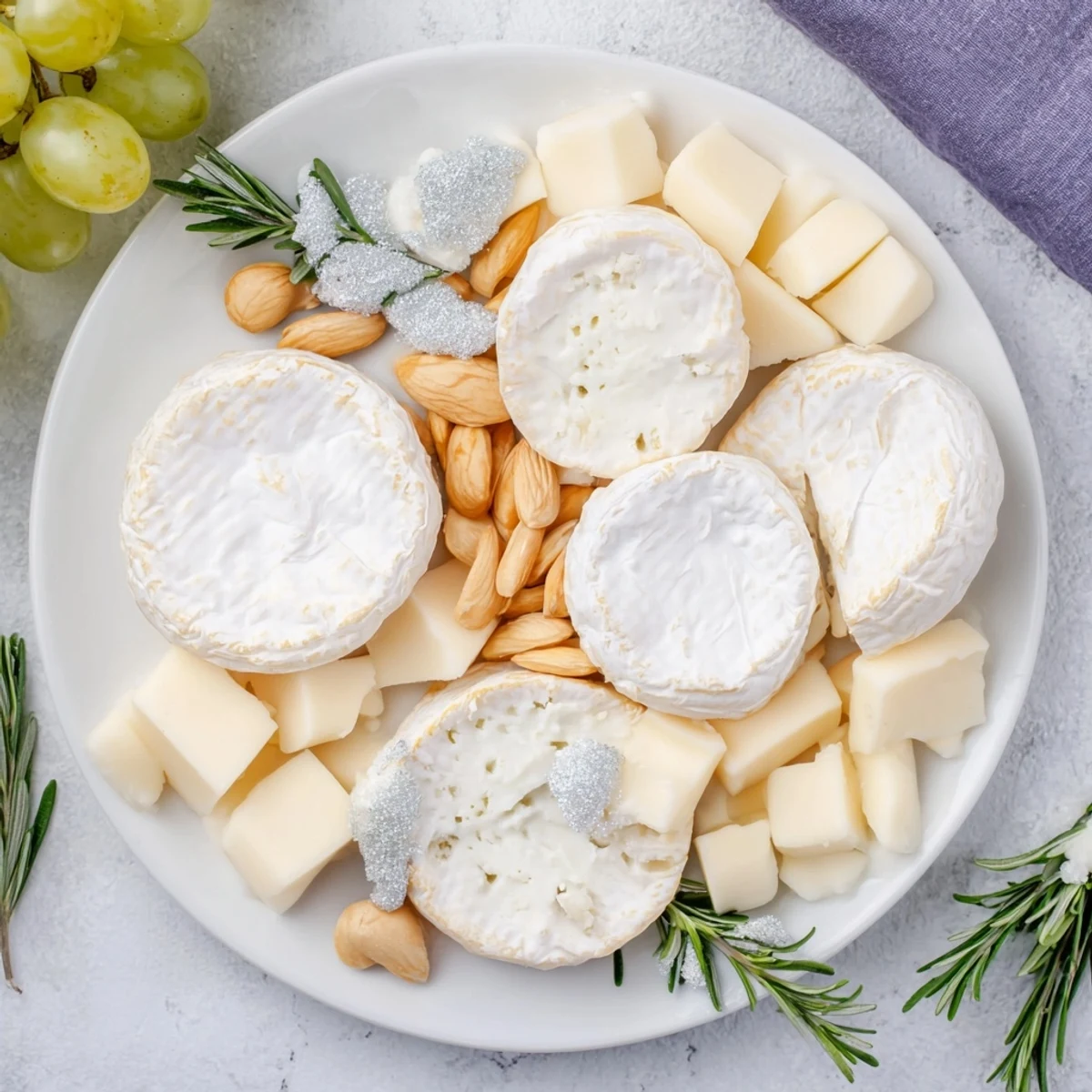 Winter Wonderland Platter: a beautifully arranged appetizer board with white cheeses, nuts, and frosted rosemary.