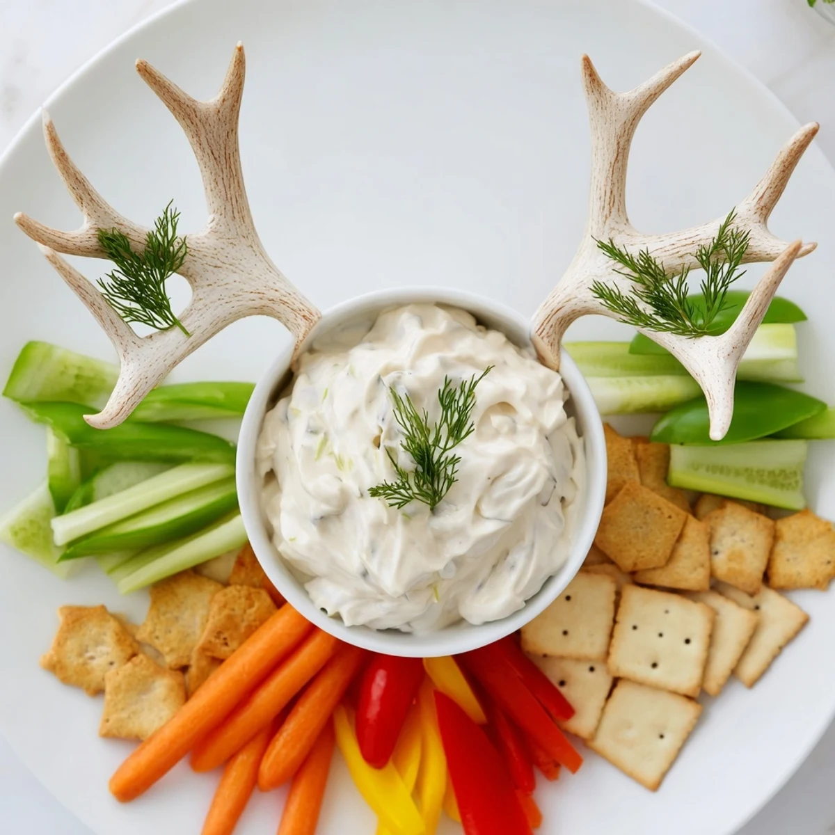 Reindeer Antler Spread offers a festive appetizer, featuring creamy dip, colorful veggies, and crackers arranged like antlers.