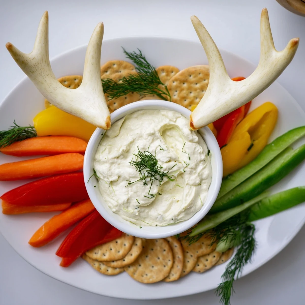 A vibrant close-up of the delicious Reindeer Antler Spread appetizer, perfect for holiday entertaining with delicious crackers.
