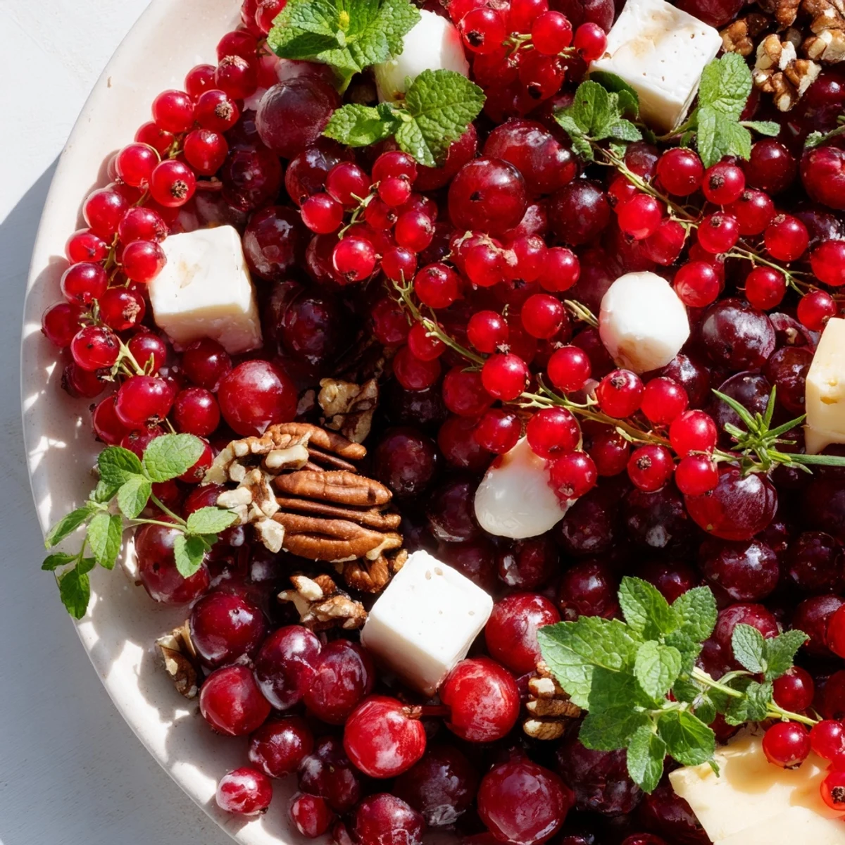 Vibrant Holly Berry Cluster appetizer platter with red berries, cheeses, and fresh green herbs; holiday ready.
