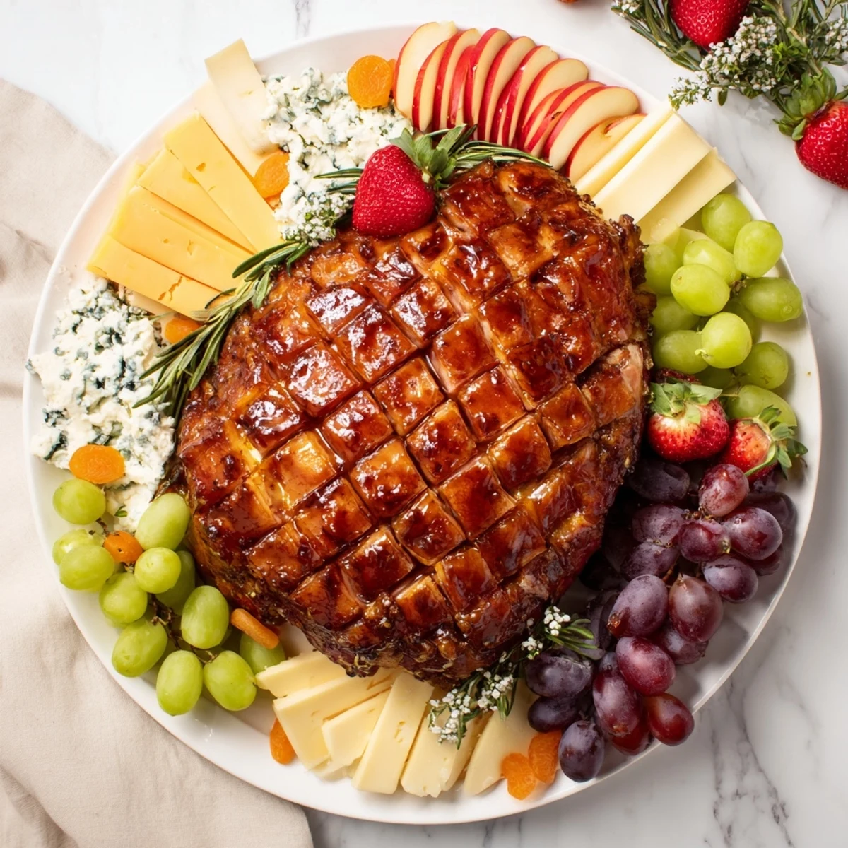 A beautifully arranged charcuterie board centers around a glistening glazed ham, surrounded by vibrant sides.