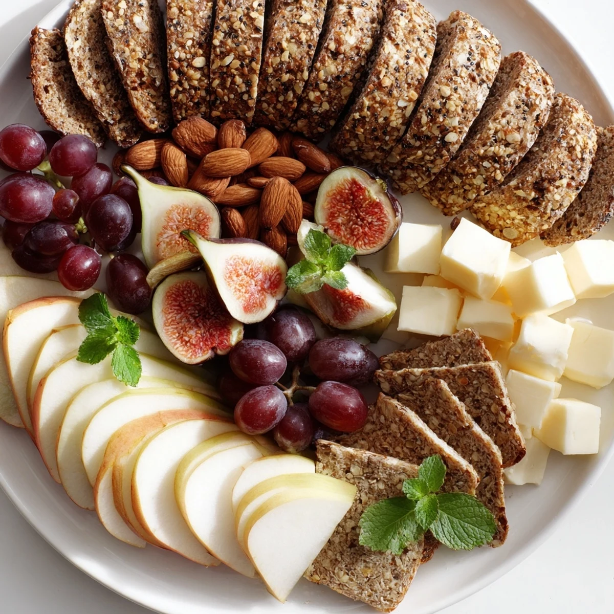 A Harvest Scythe bread and fruit platter overflowing with golden breads and vibrant, fresh fruits.