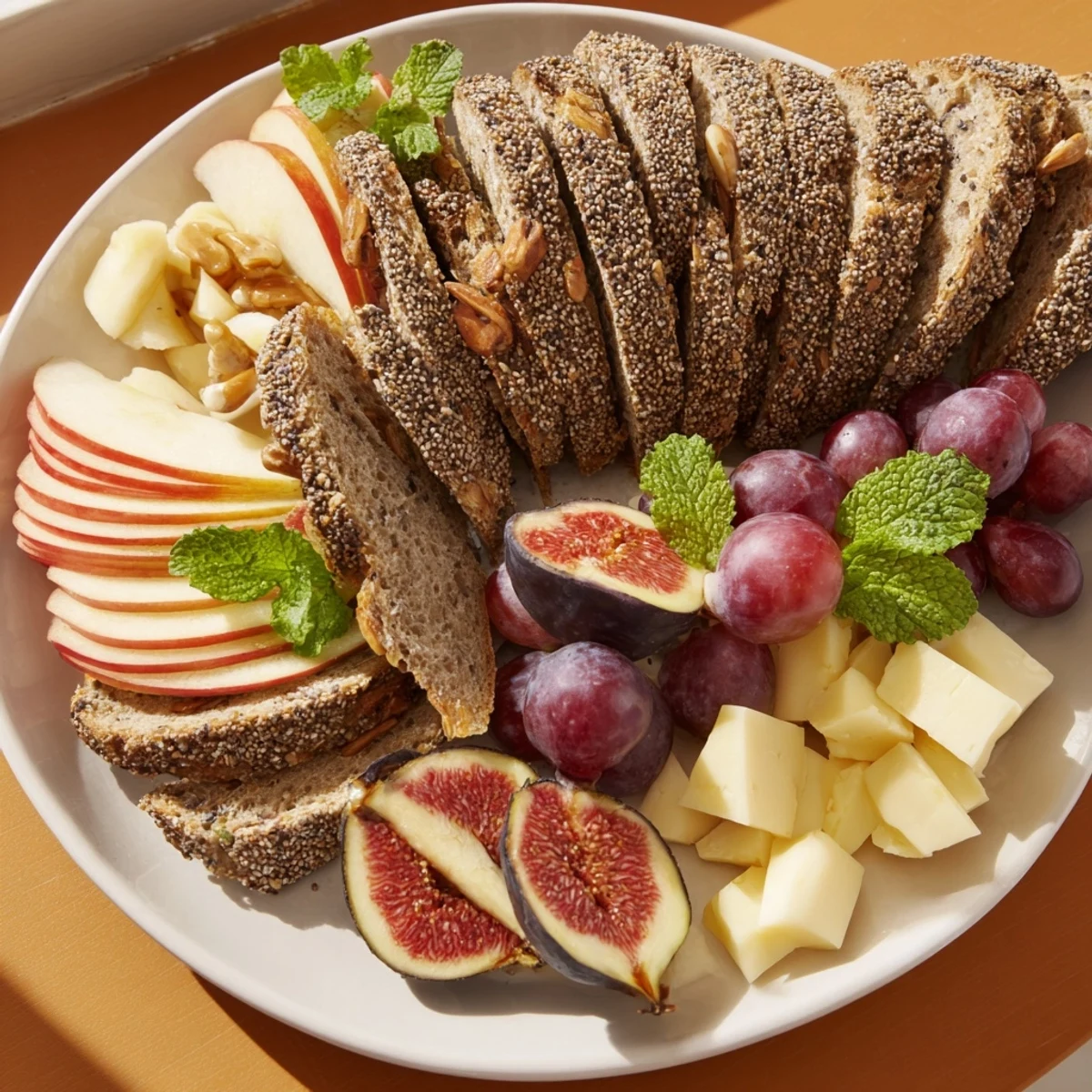 This Harvest Scythe platter shows a rustic spread of bread, grains, and colorful, ripe fruits perfect for sharing.