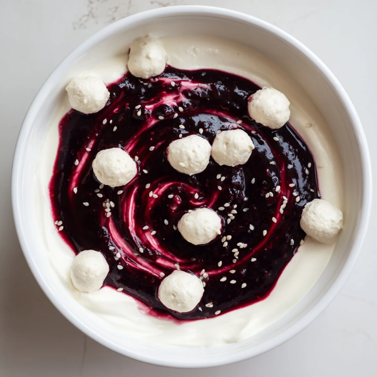 The Galaxy Spiral dessert features dark berry swirls atop creamy white yogurt, garnished with goat cheese.