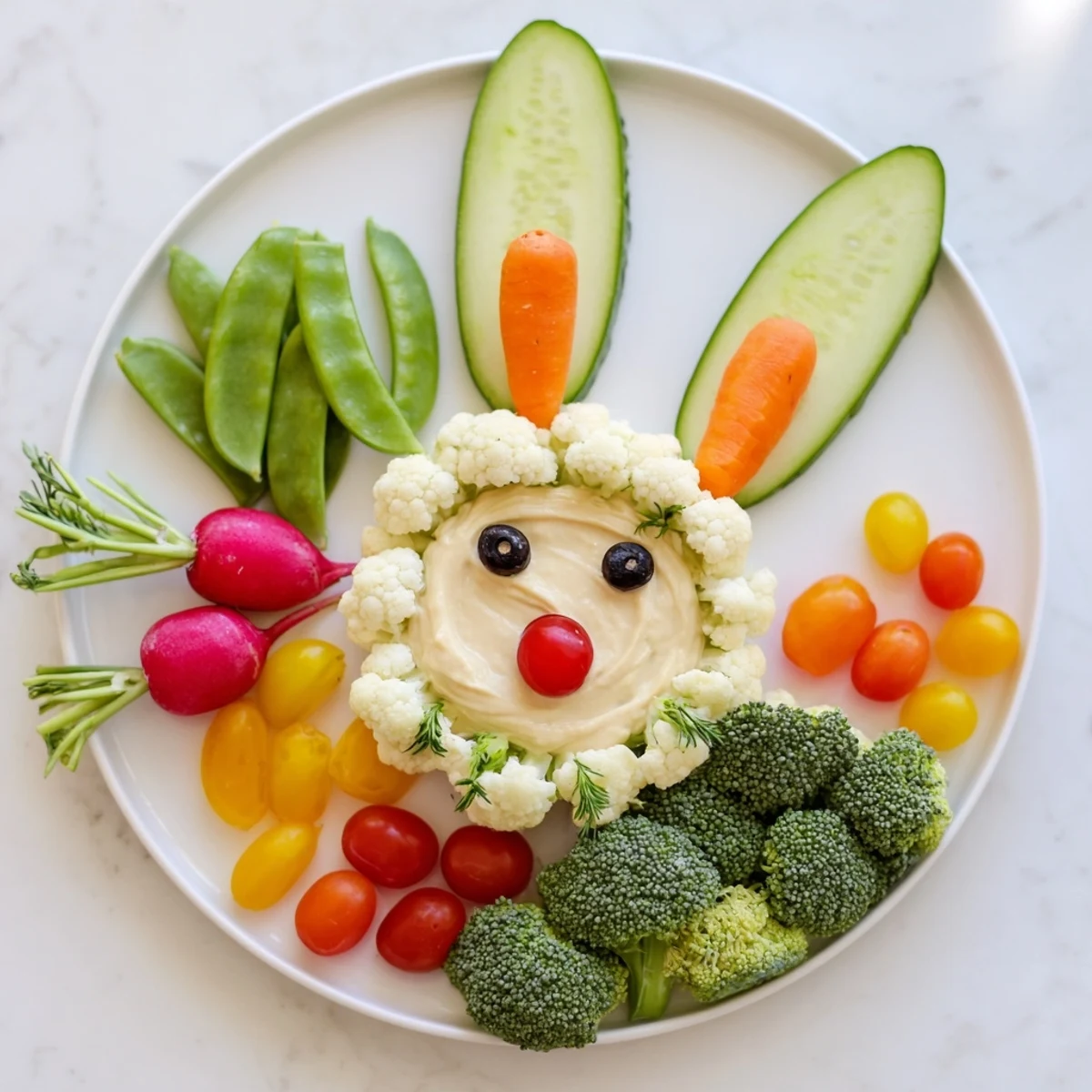 A festive Bunny Meadow Veggie Board with colorful veggies and creamy dip; great for Easter.
