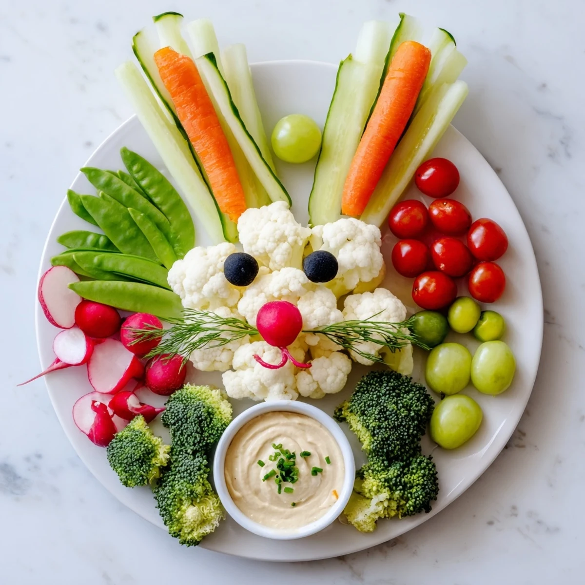 Delicious and healthy, a Bunny Meadow Veggie Board includes fresh, crunchy vegetables for snacking.