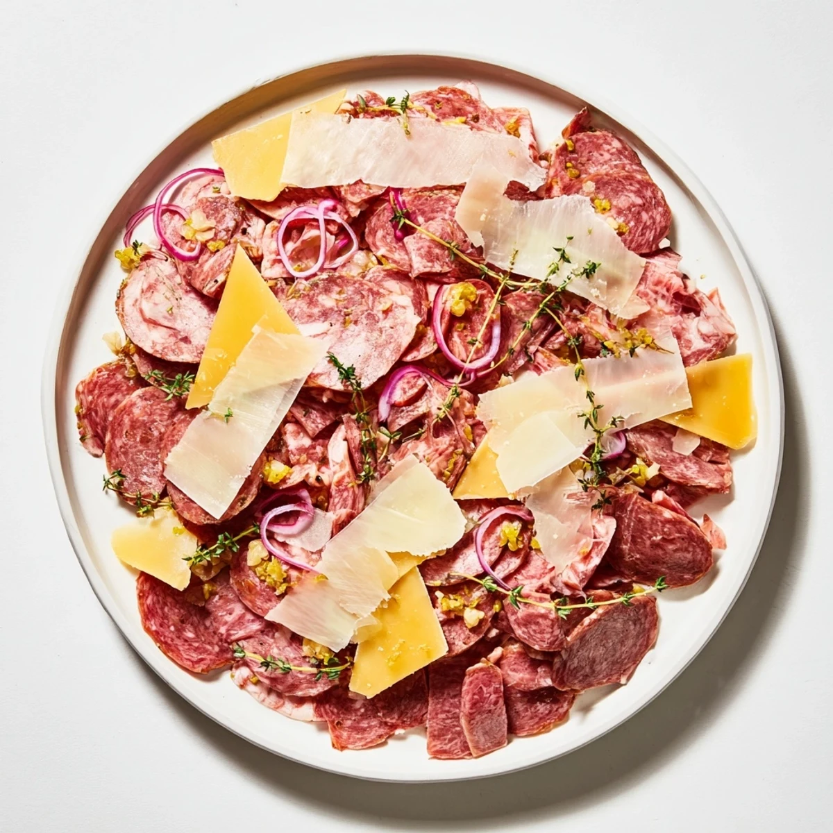 This image features The Burlap & Lace; a rustic platter of savory meats and thinly shaved cheeses.