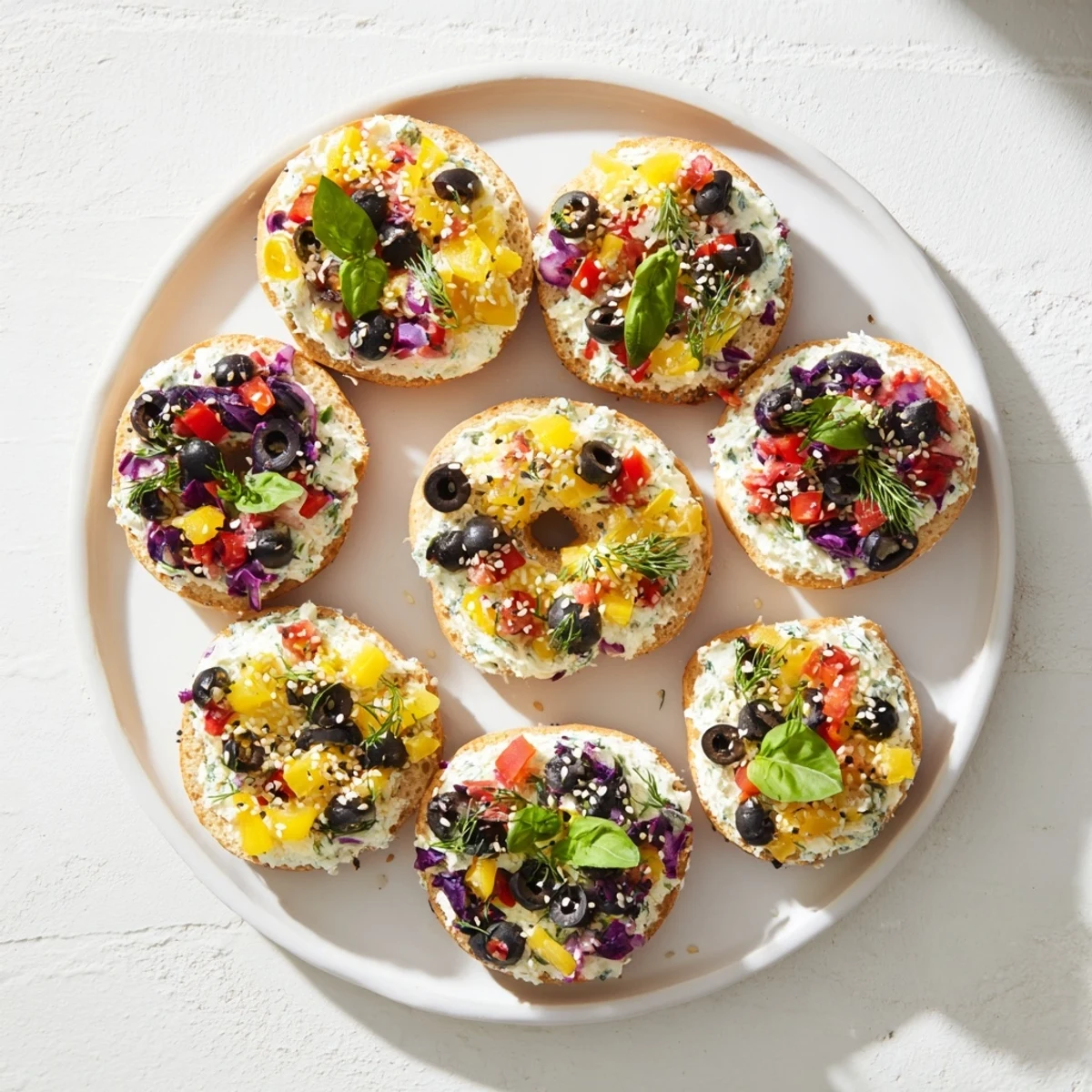 Delicious cream cheese-covered mini bagels arranged as the Olympic Rings Medal Appetizer.
