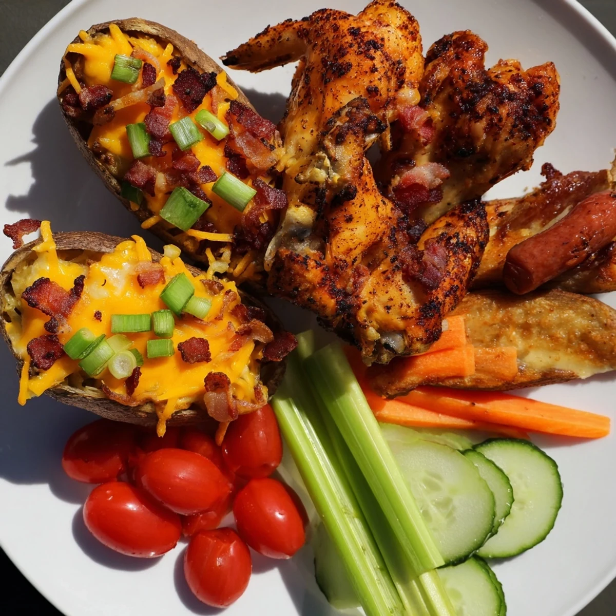 A delicious Touchdown Football Tailgate Spread with crispy chicken wings and cheesy potato skins ready to devour.