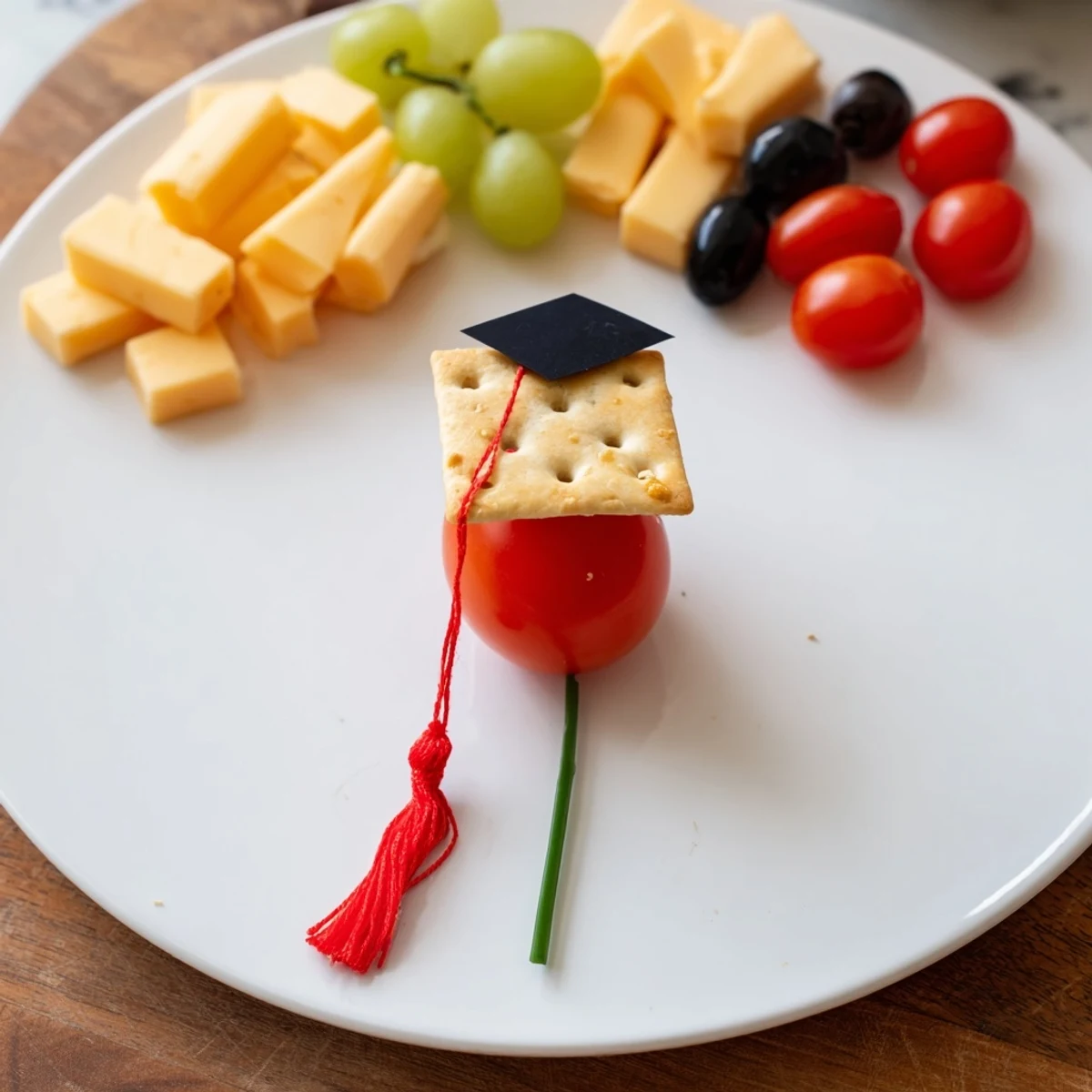 Graduation Cap Platter features a festive cracker "mortarboard" with colorful garnishes and cheeses.
