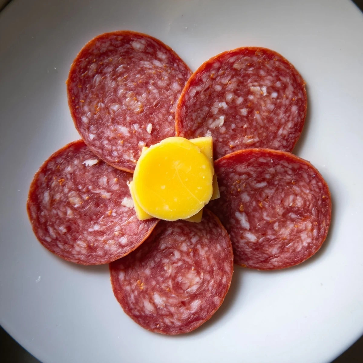 A visually appealing, charcuterie-style Tudor Rose appetizer: five salami petals surround yellow cheese.