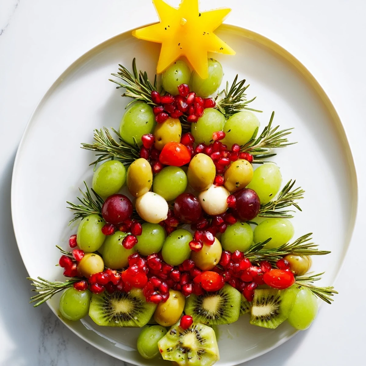 Christmas Tree Triangle Board filled with fresh fruits and olives, a vibrant and healthy holiday appetizer.