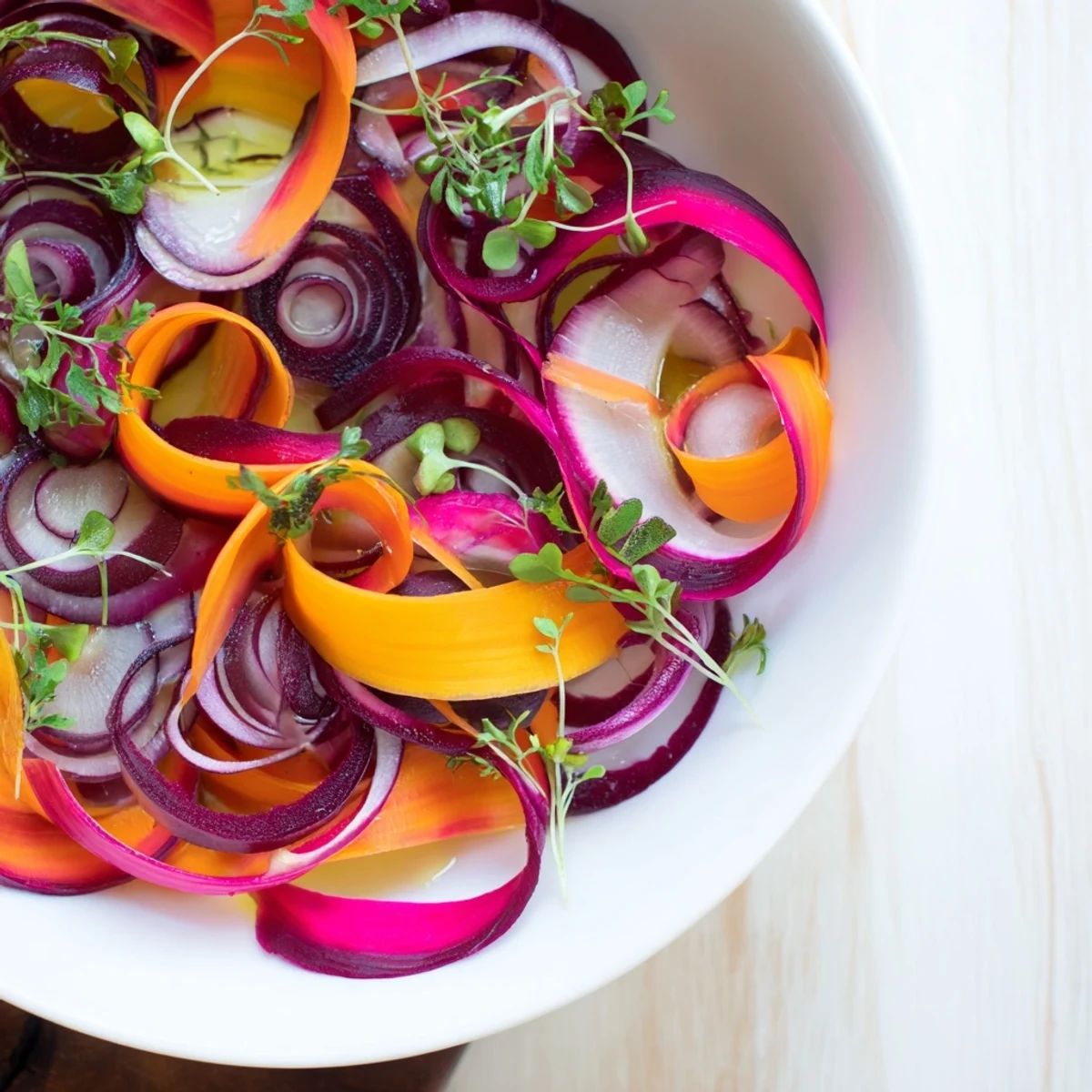 The Spinning Top salad, a vibrant showstopper, features delicately shaved colorful vegetables and fresh herbs.