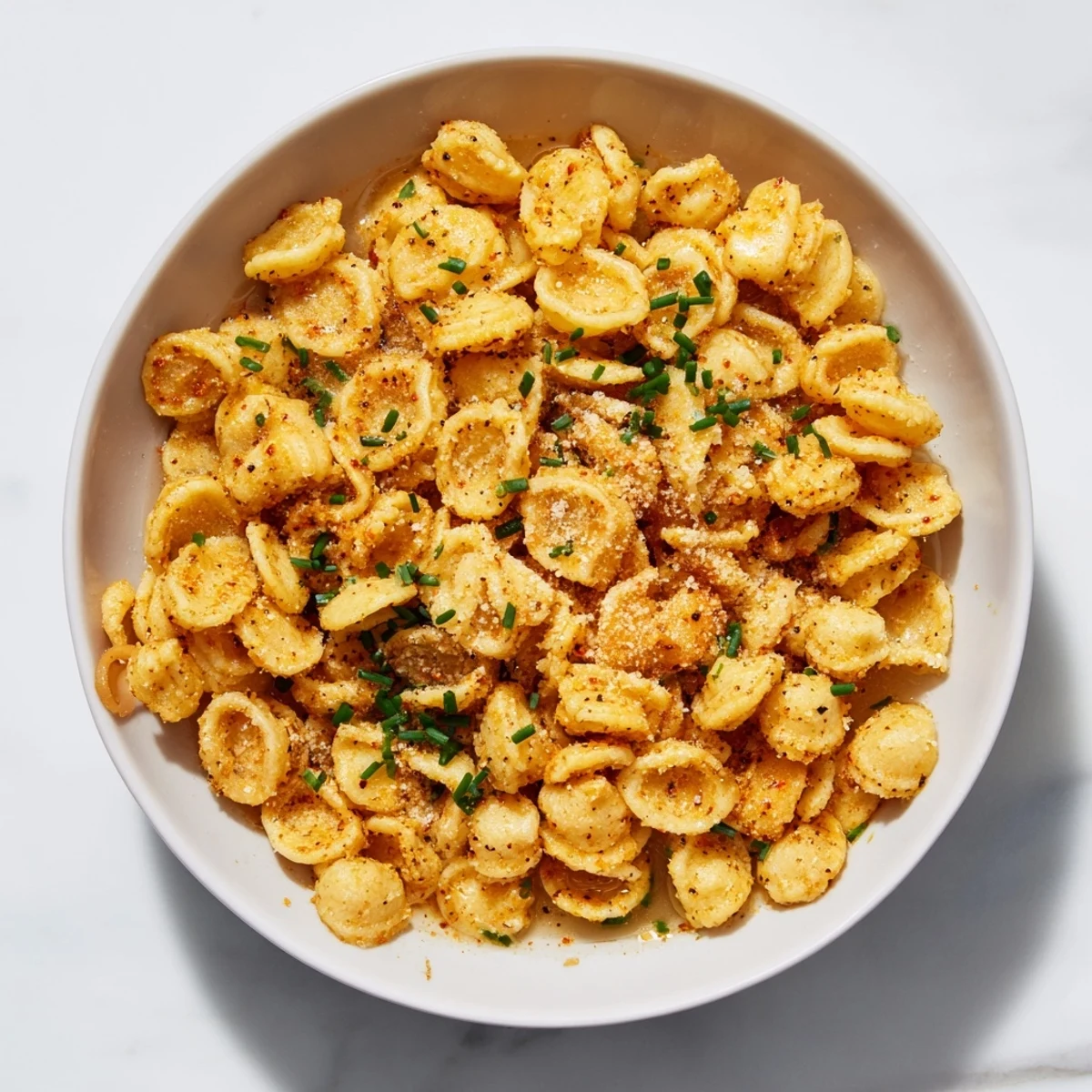 Golden, crispy pasta chip cereal in a bowl with rich, savory parmesan broth, ready to eat.