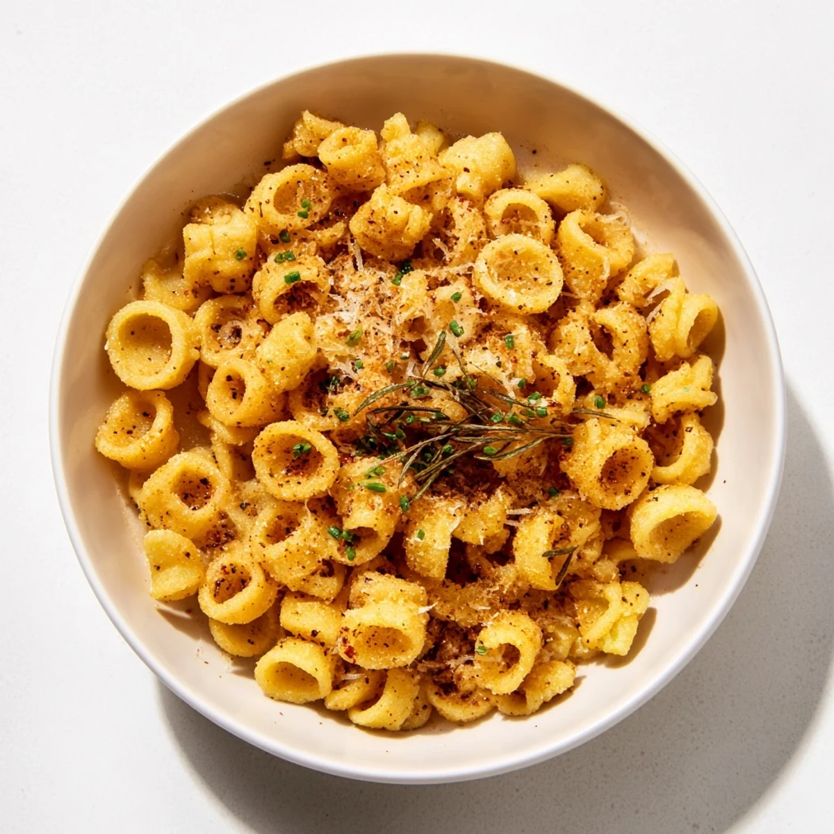 A visually appealing, slightly blurry photo offering a sneak peek at the savory pasta chip cereal.