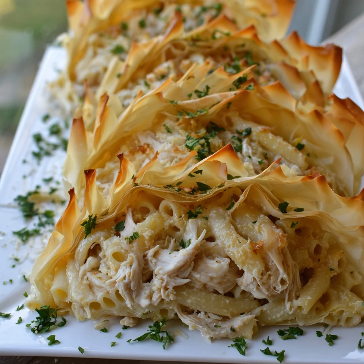 A close-up of the savory Chicken and Pasta Crinkle Cake, baked until the phyllo is perfectly crisp.