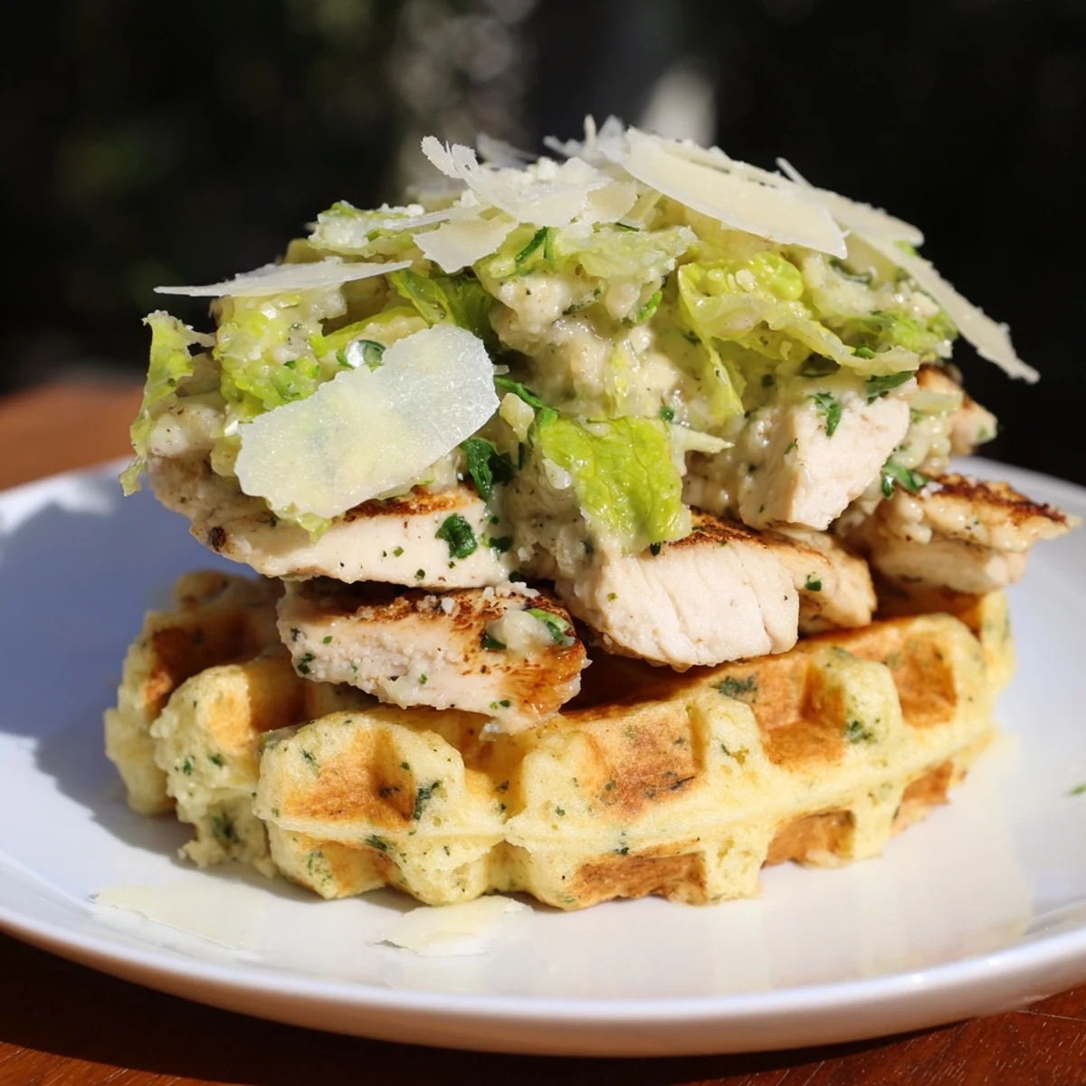 Golden-brown Chicken Caesar Waffle Sandwich, a fun lunch idea with crispy waffles and grilled chicken.