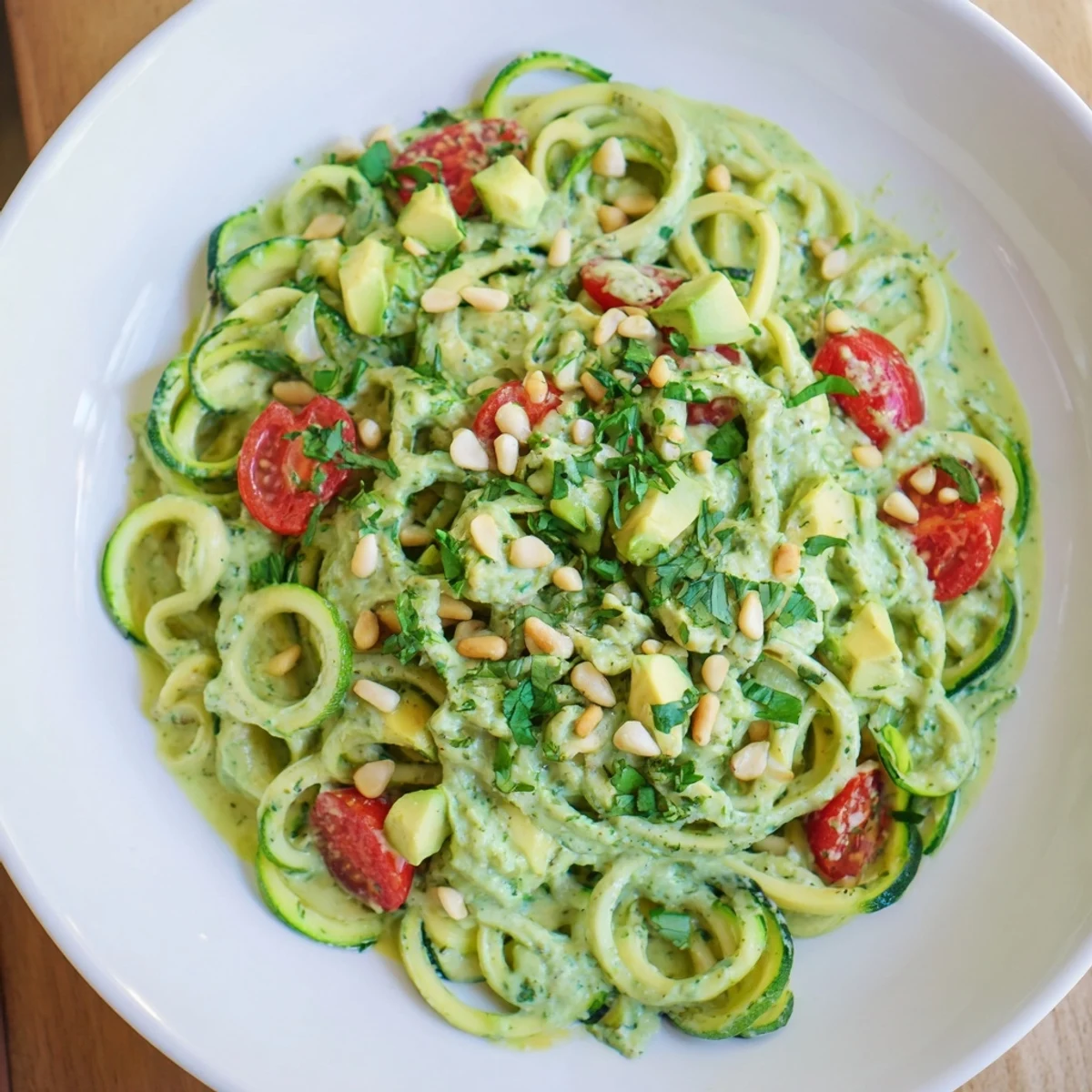 Fresh Green Goddess Zoodle Pasta: Zucchini noodles tossed with a luscious, bright green sauce.