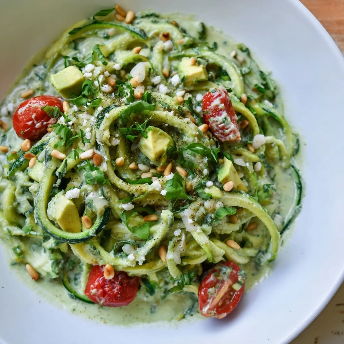 Creamy Green Goddess Zoodle Pasta: vibrant dish with colorful veggies, ready to enjoy.