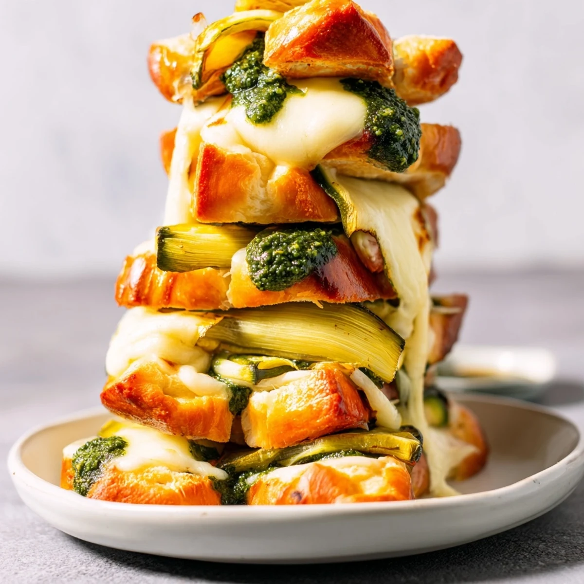 Golden-brown Pesto Turkey Zucchini Grilled Cheese Stacks, oozing cheese, a delicious and quick lunch.