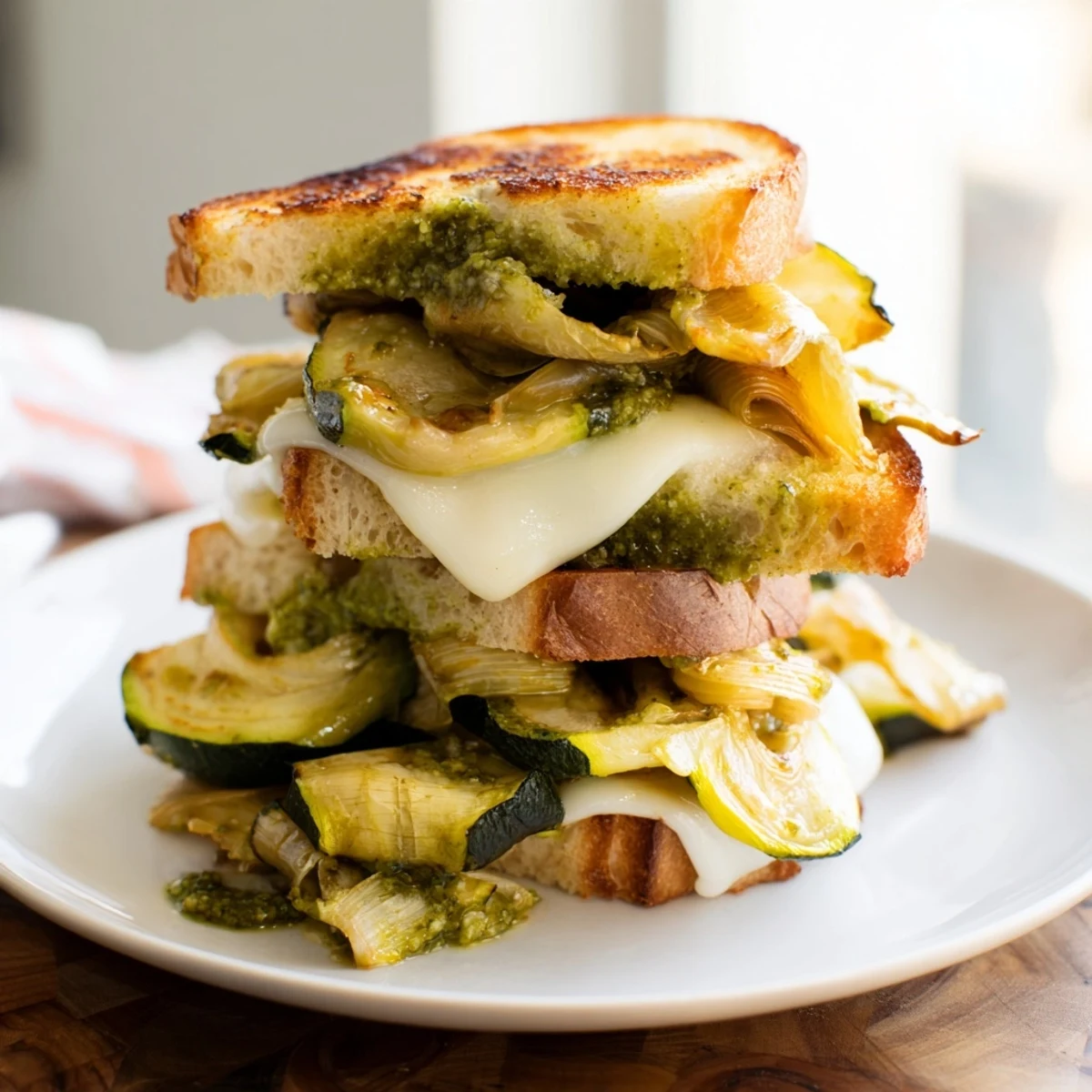 Layered Pesto Turkey Zucchini Grilled Cheese Stacks, featuring melted cheese and grilled sourdough bread.