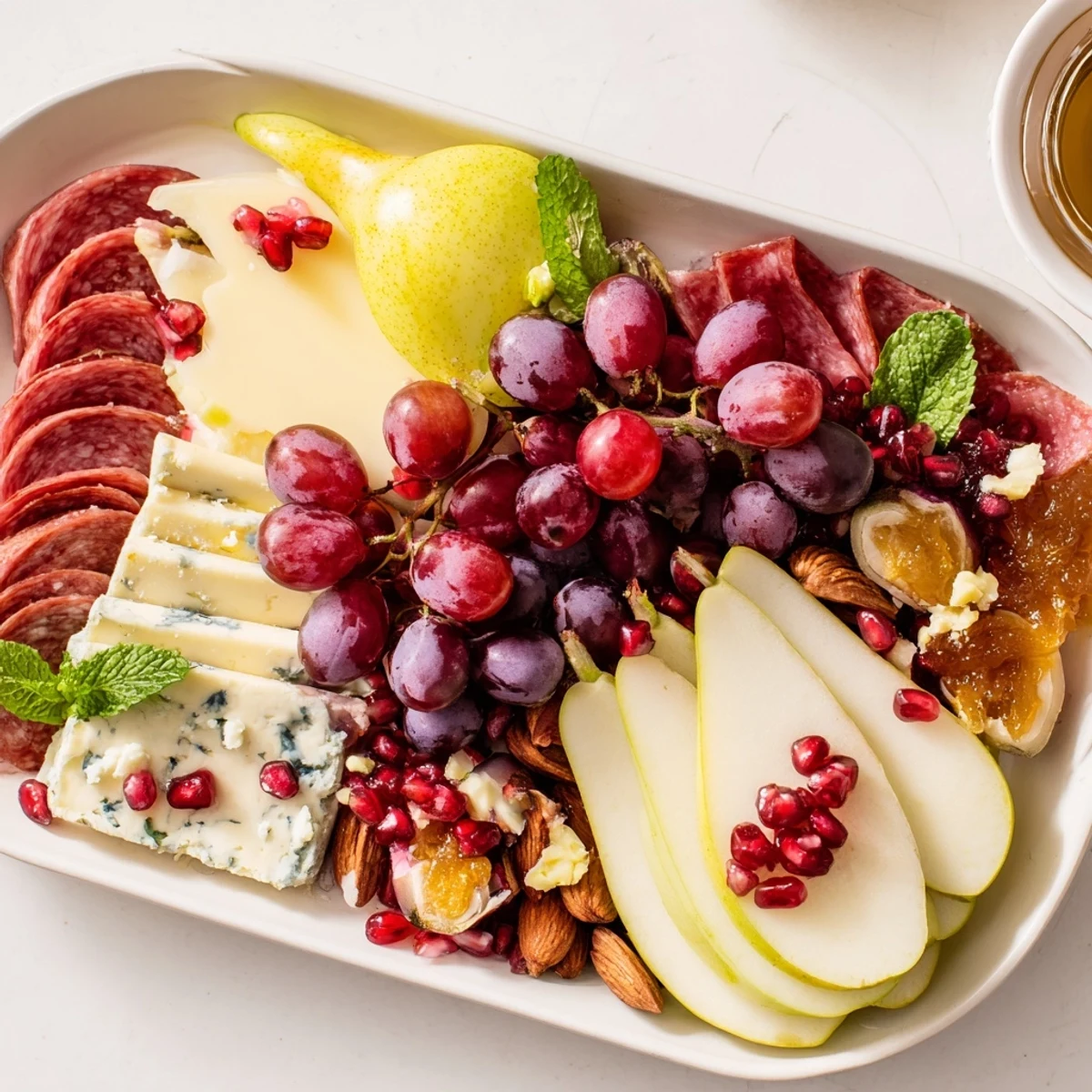 A beautiful Pomegranate Jewel Cascade cheese board features glistening pomegranate seeds and colorful fruits.