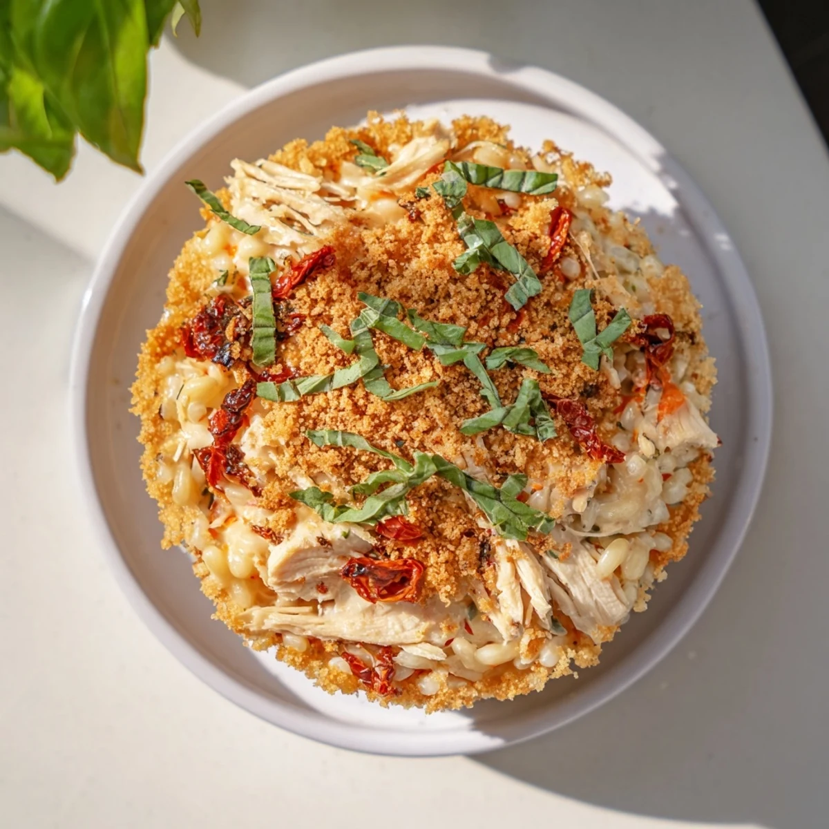 A close-up shot of baked Marry Me Chicken Sushi Bake Cups, each with a vibrant basil garnish.