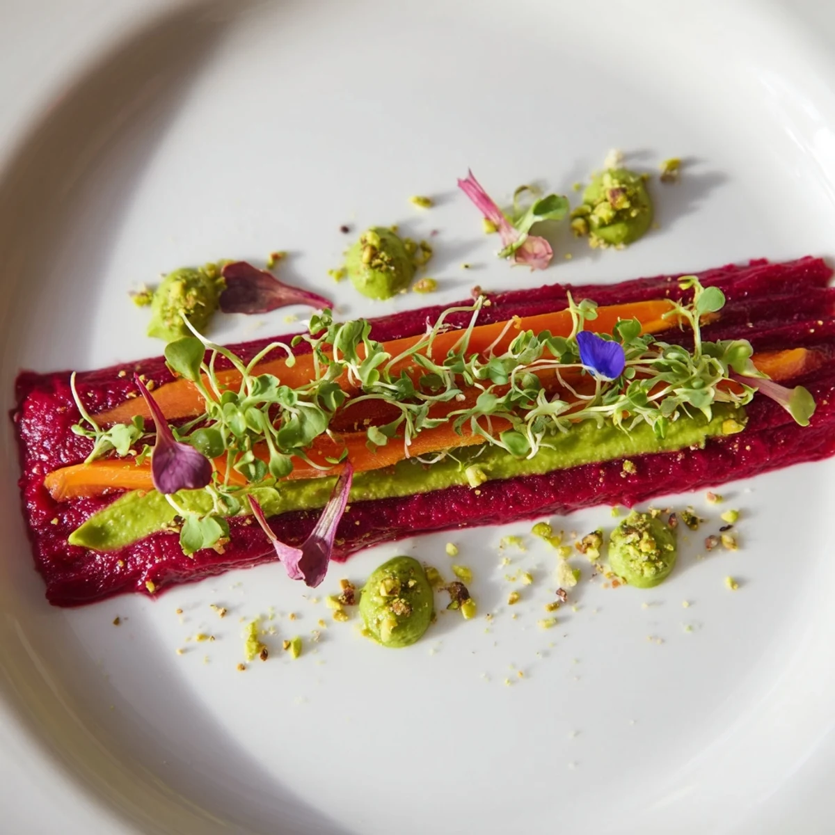 The Modernist Stripe features vibrant beet purée with carrot, avocado, and beautiful edible garnishes.