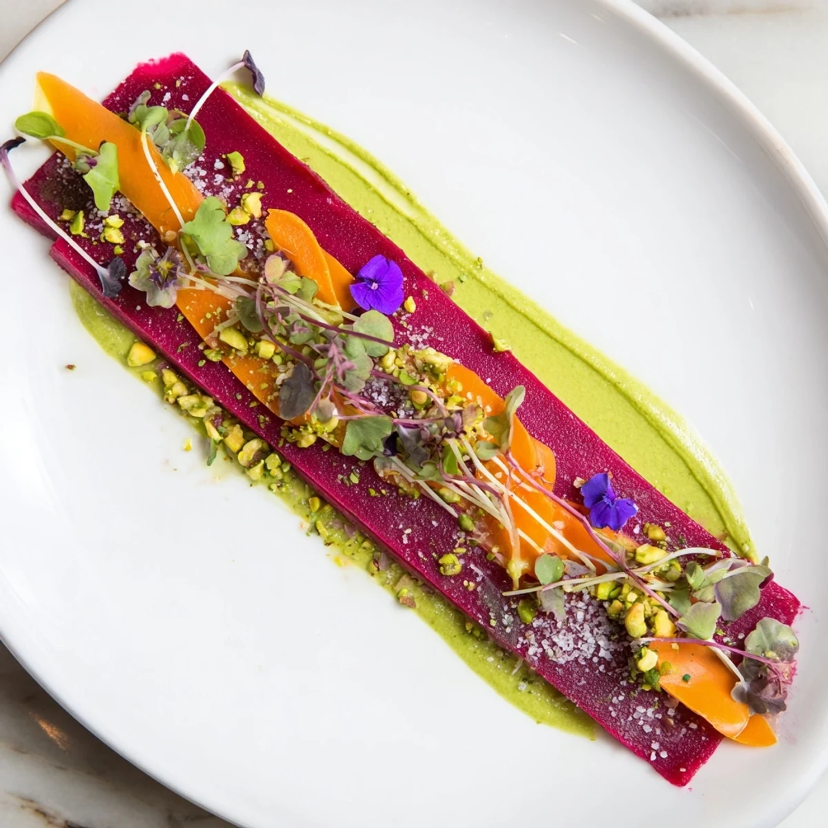 A close-up view of The Modernist Stripe showcases layered vegetable purées, artfully arranged and garnished.