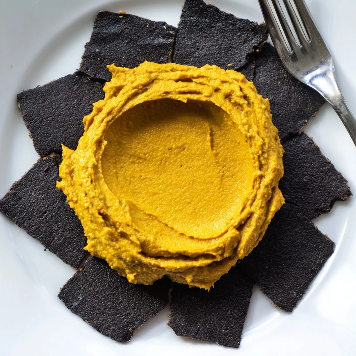 Creamy, vibrant carrot and turmeric dip in the center, encircled by crisp black "Midnight Sun" crackers.