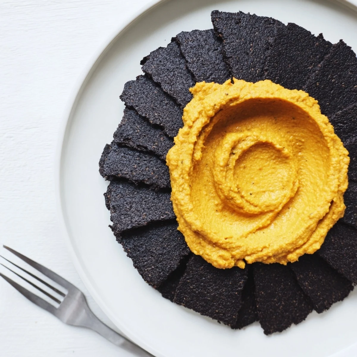 Prepare to serve "The Midnight Sun": a beautiful appetizer with contrasting colors and textures, ready to enjoy.