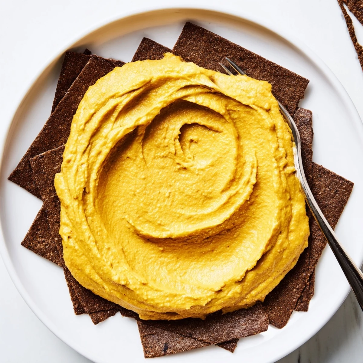 "The Midnight Sun" appetizer features dark charcoal crackers surrounding a bright, golden carrot and turmeric dip.