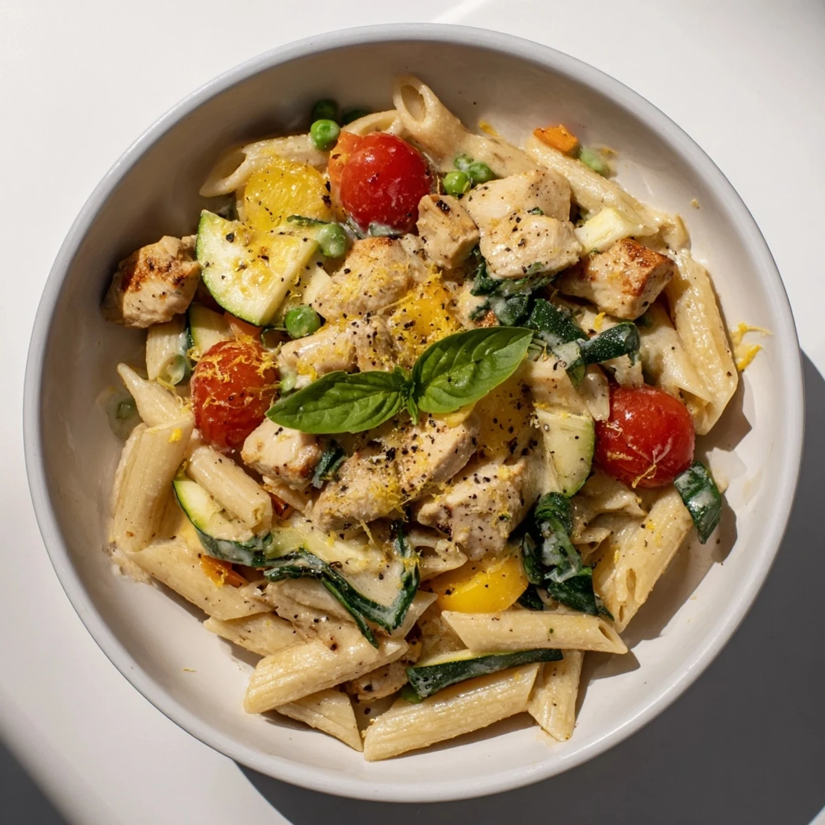 Golden chicken pieces mingle with vibrant vegetables in this delicious Last Bite Chicken Pasta.
