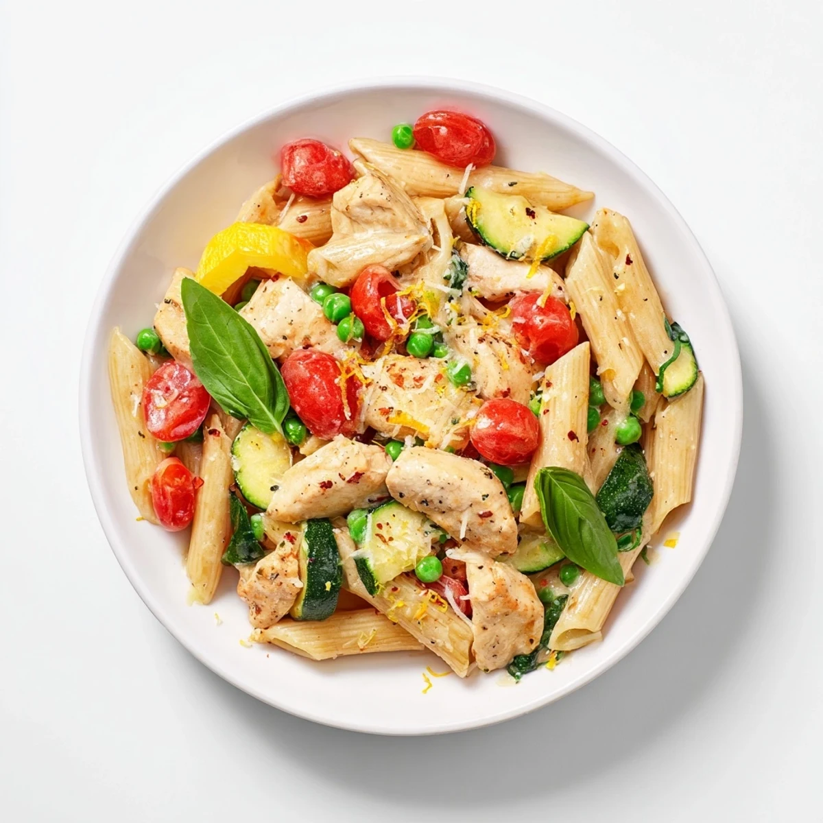 Creamy Last Bite Chicken Pasta, garnished with fresh basil and Parmesan, looks incredibly inviting.