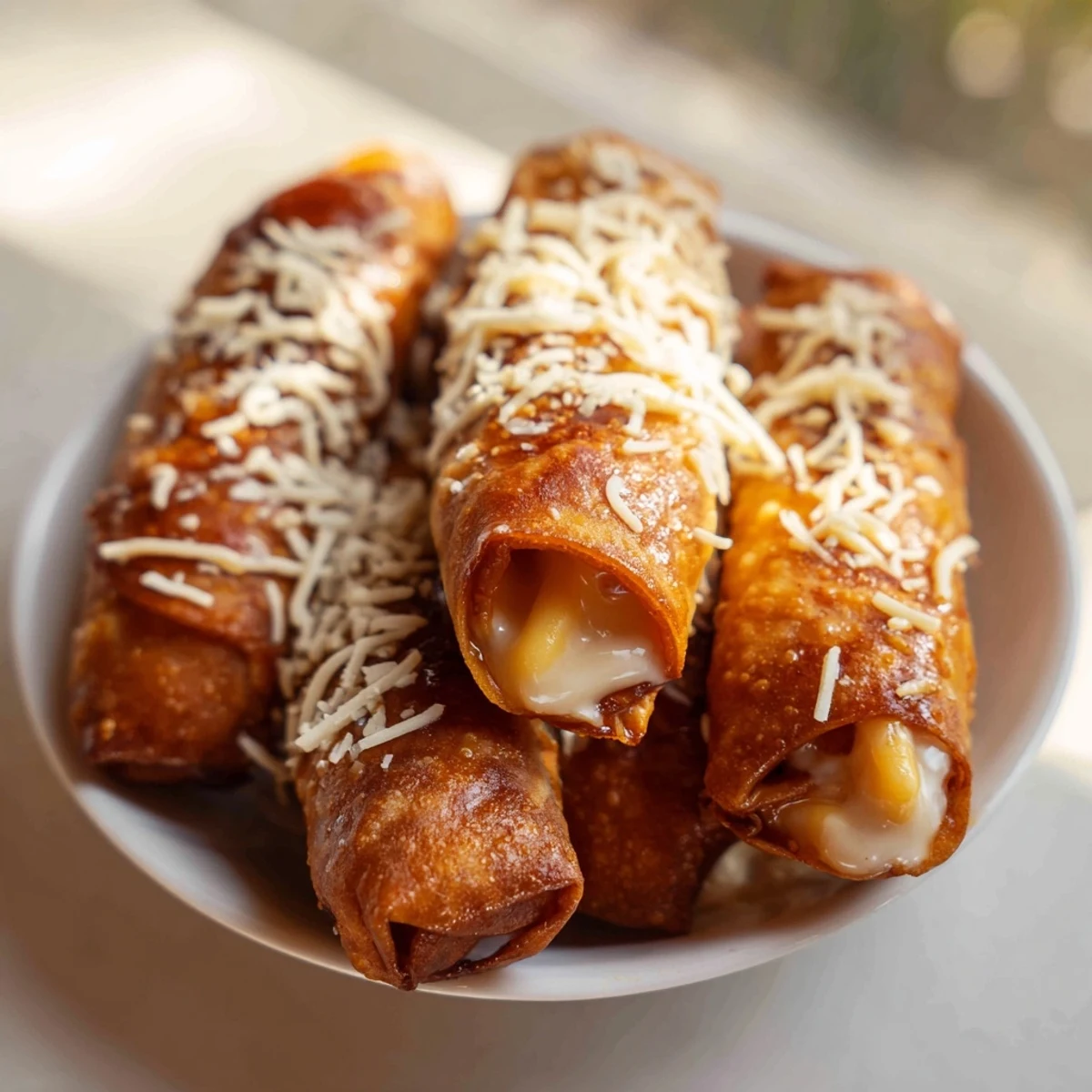 Close-up of crispy air-fried Tinis Mac and Cheese Lumpia Rolls, ready to serve as a snack.