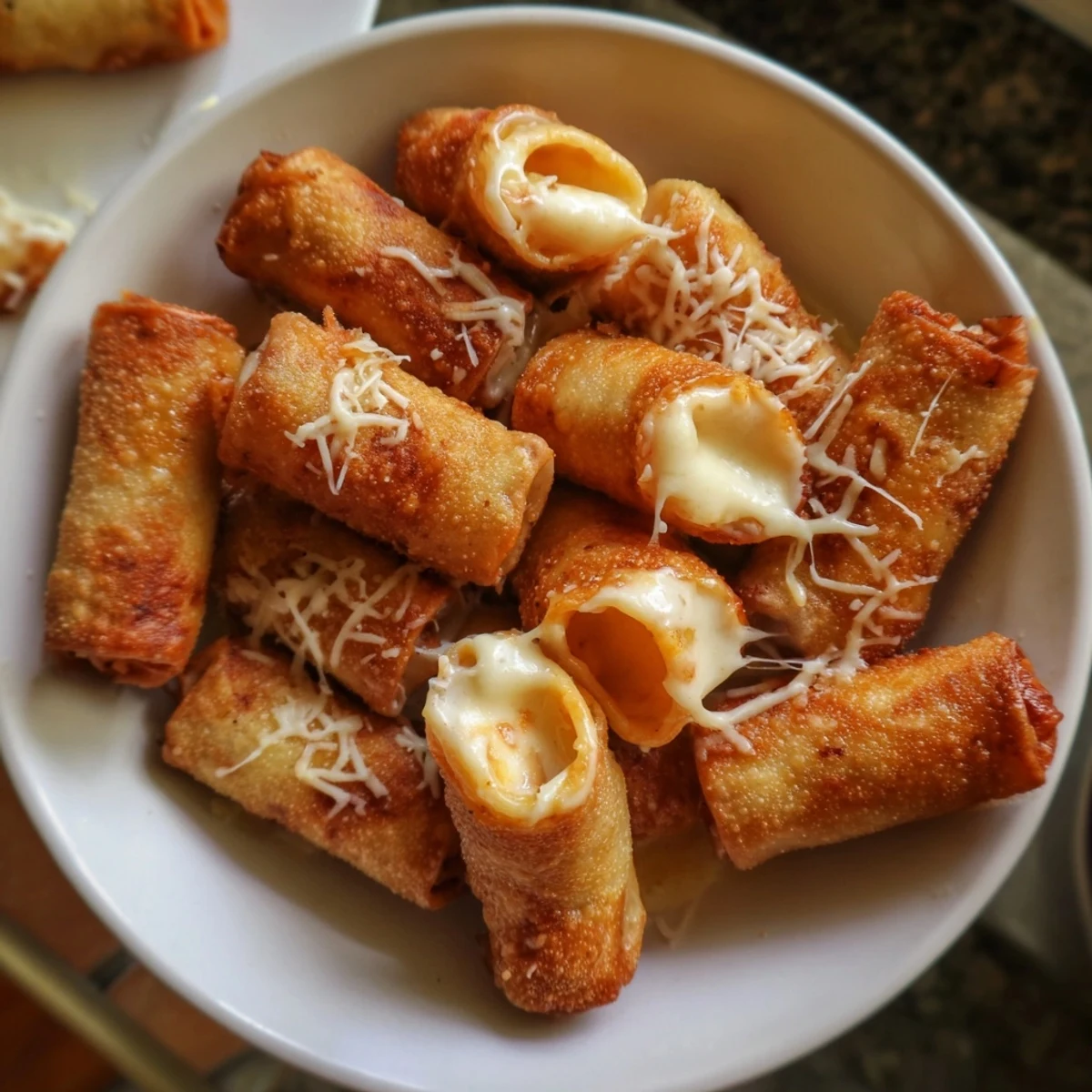 Melted cheese spills from this delicious Tinis Mac and Cheese Lumpia Roll, perfect for dipping.