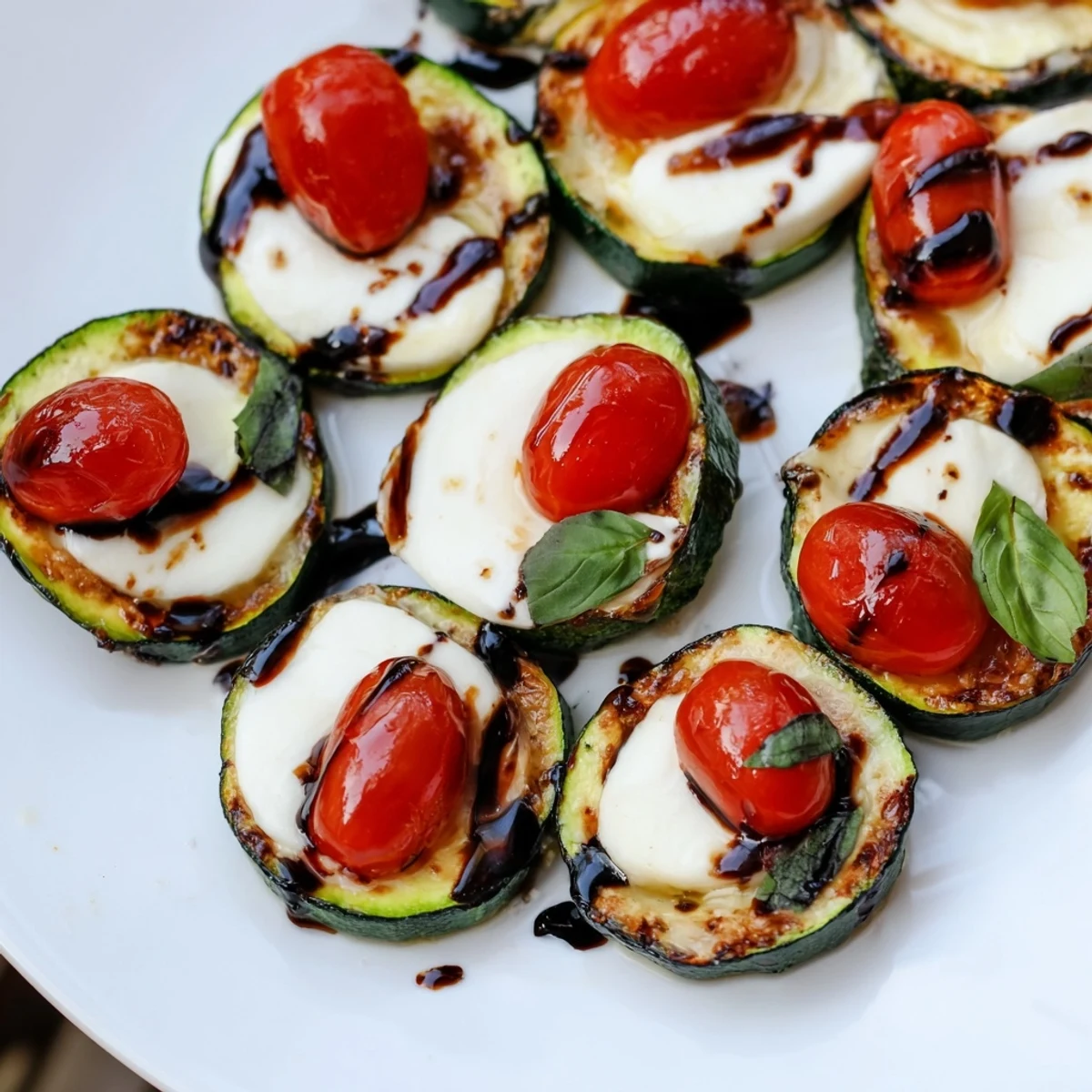 Zucchini Caprese Bites: Baked zucchini rounds with melted mozzarella and ripe tomatoes, drizzled with balsamic glaze.