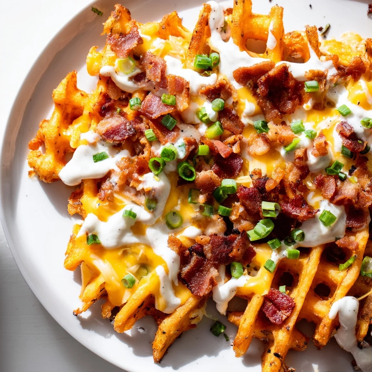 Golden, melted cheddar tops crispy Loaded Sweet Potato Fries, drizzled with cool ranch and bacon bits.