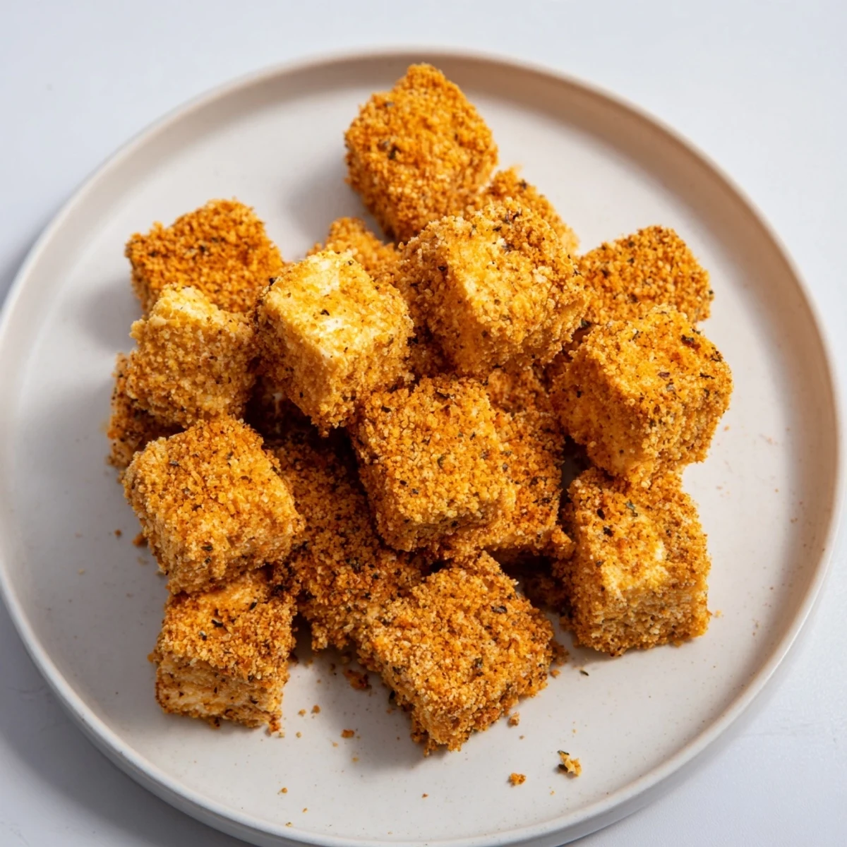 Golden-brown Popcorn Tofu Bites, crispy and packed with savory flavor, served with a dipping sauce.