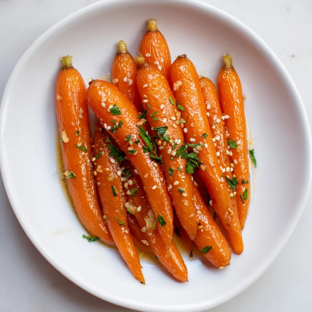 Golden, caramelized Honey Soy Roasted Carrots offer a sweet and savory, visually appealing side dish.