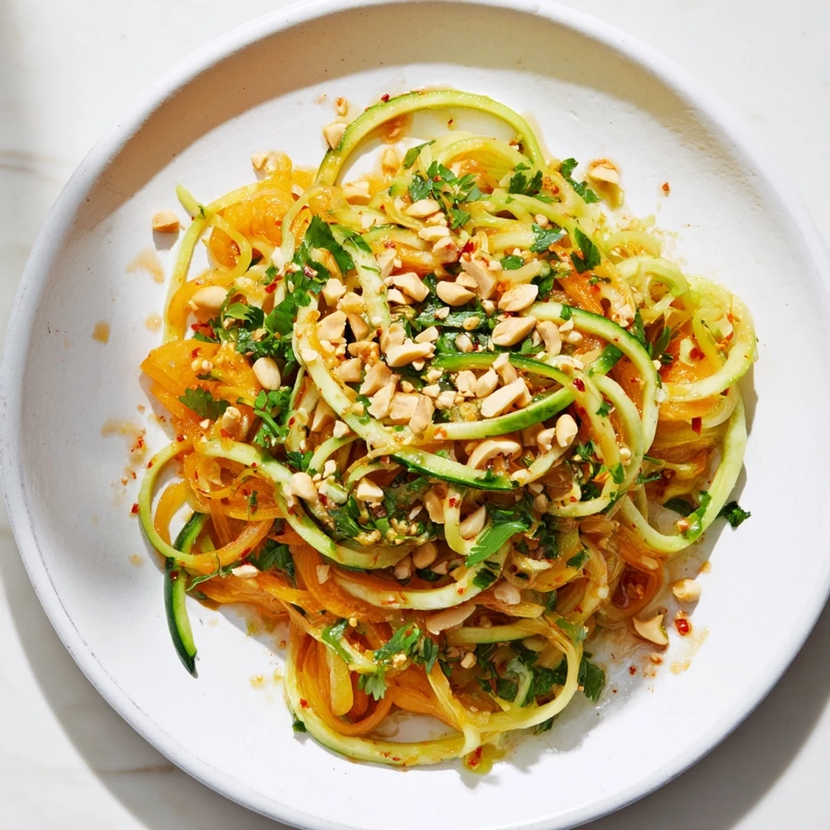 Vibrant spicy cucumber noodle bowl with red chili oil and fresh cilantro, ready to eat.
