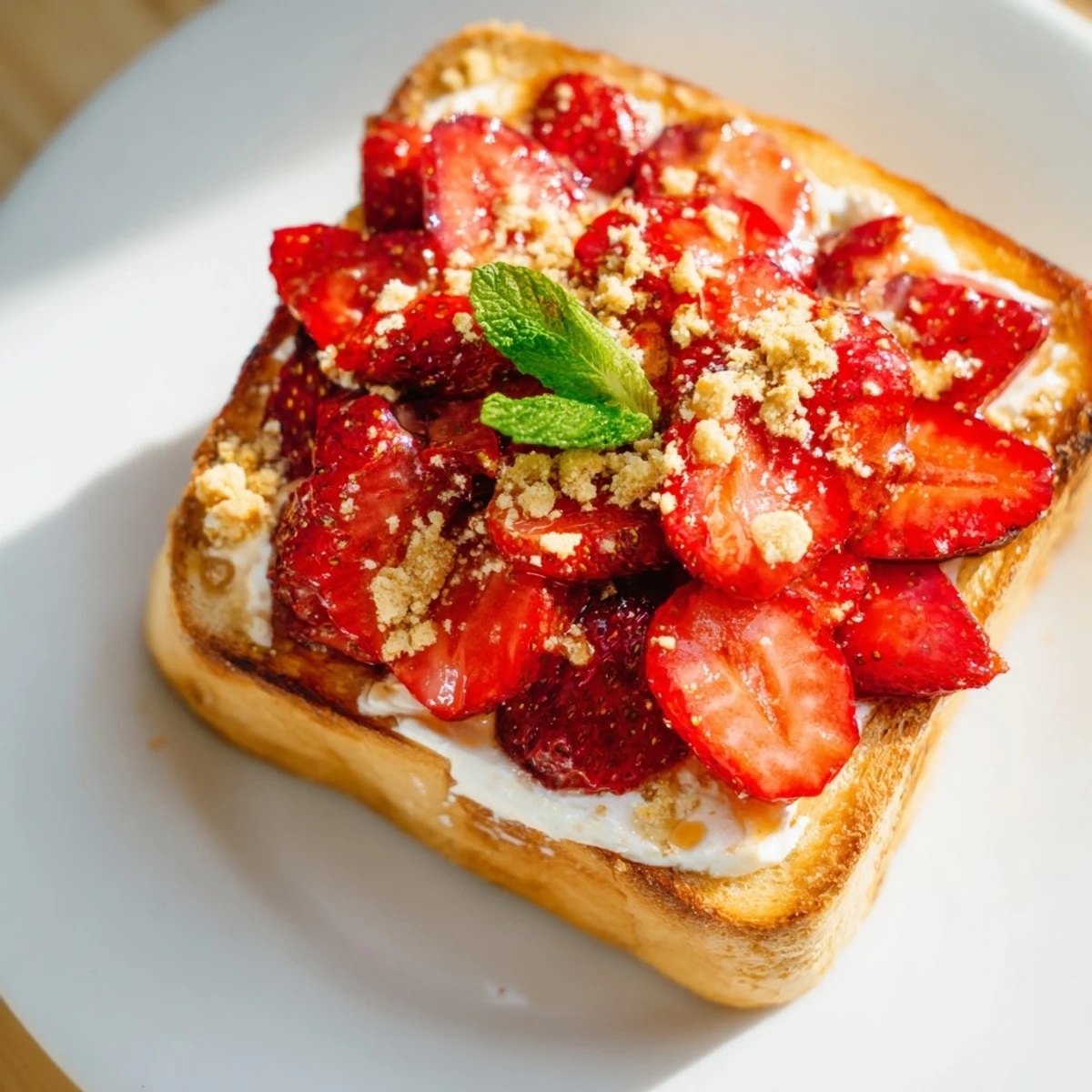 Strawberry Cheesecake Toast: golden toasted bread topped with sweet cream cheese and macerated strawberries.
