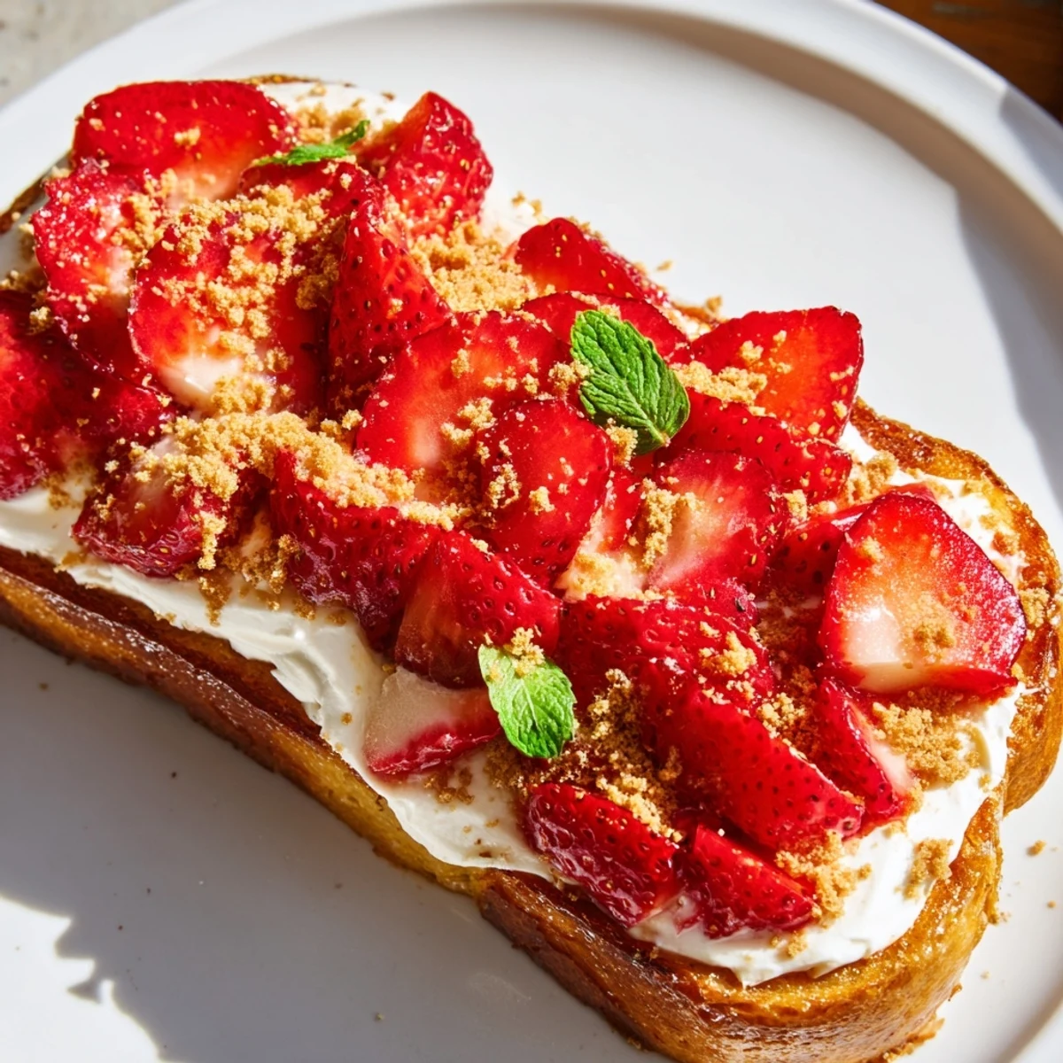 Close-up of freshly made Strawberry Cheesecake Toast, ready to enjoy with a generous strawberry and cream cheese topping.