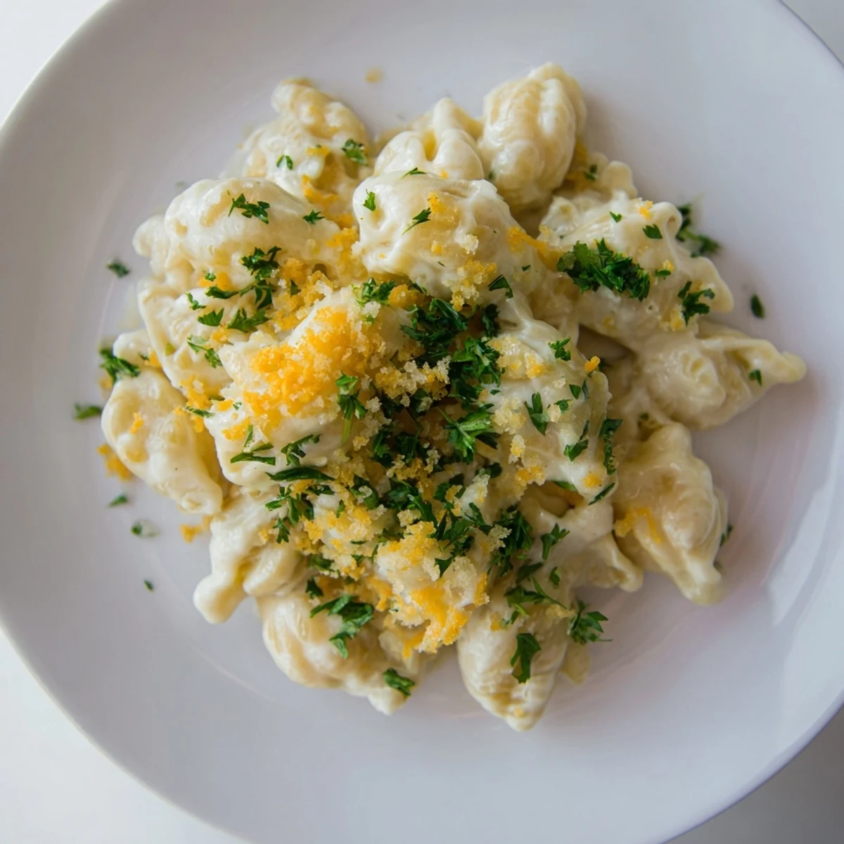 Steaming bowl of high-protein mac & cheese with a thick, velvety cottage cheese sauce, ready to serve.