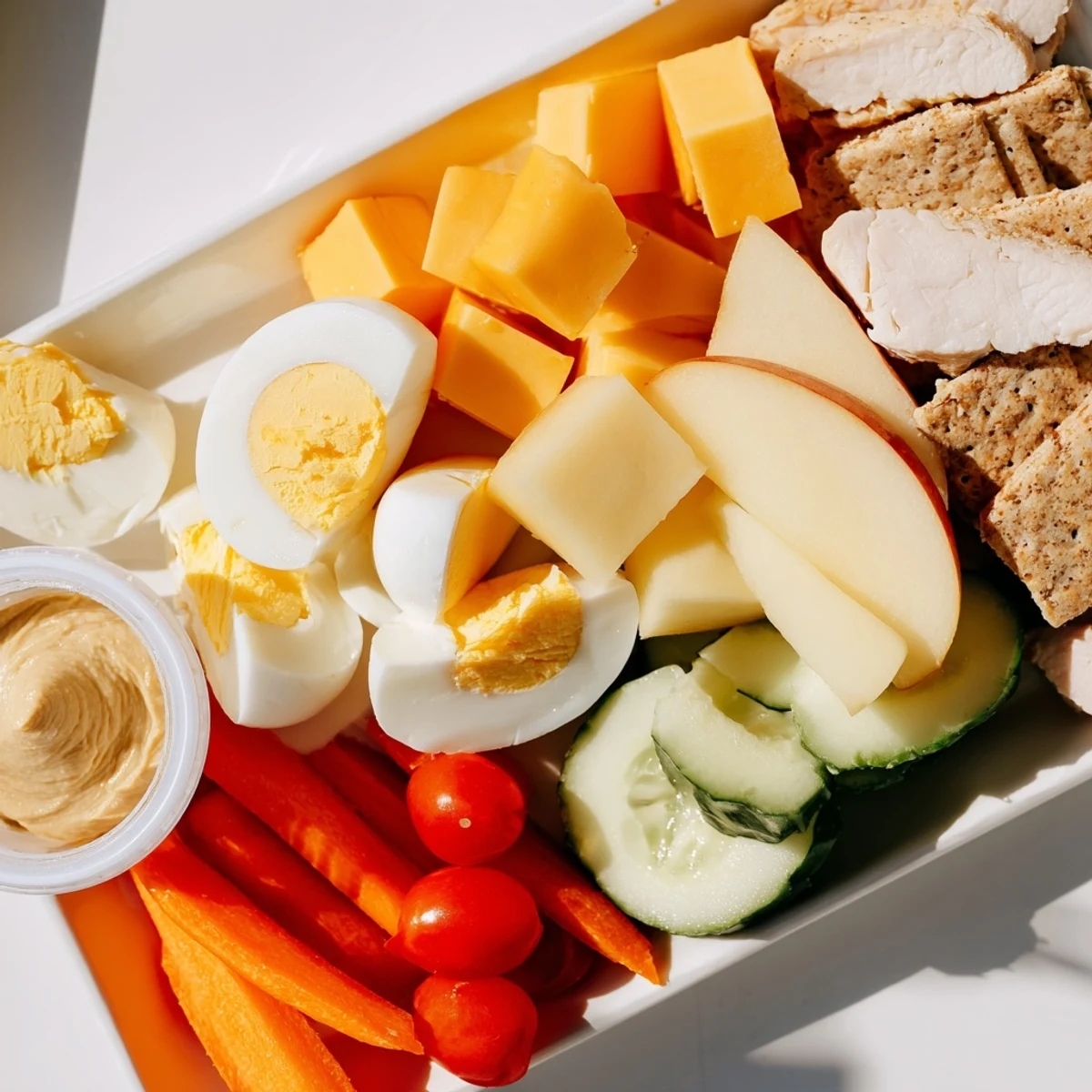 Protein Snack Boxes filled with colorful veggies, lean meats, and creamy hummus for a healthy lunch.