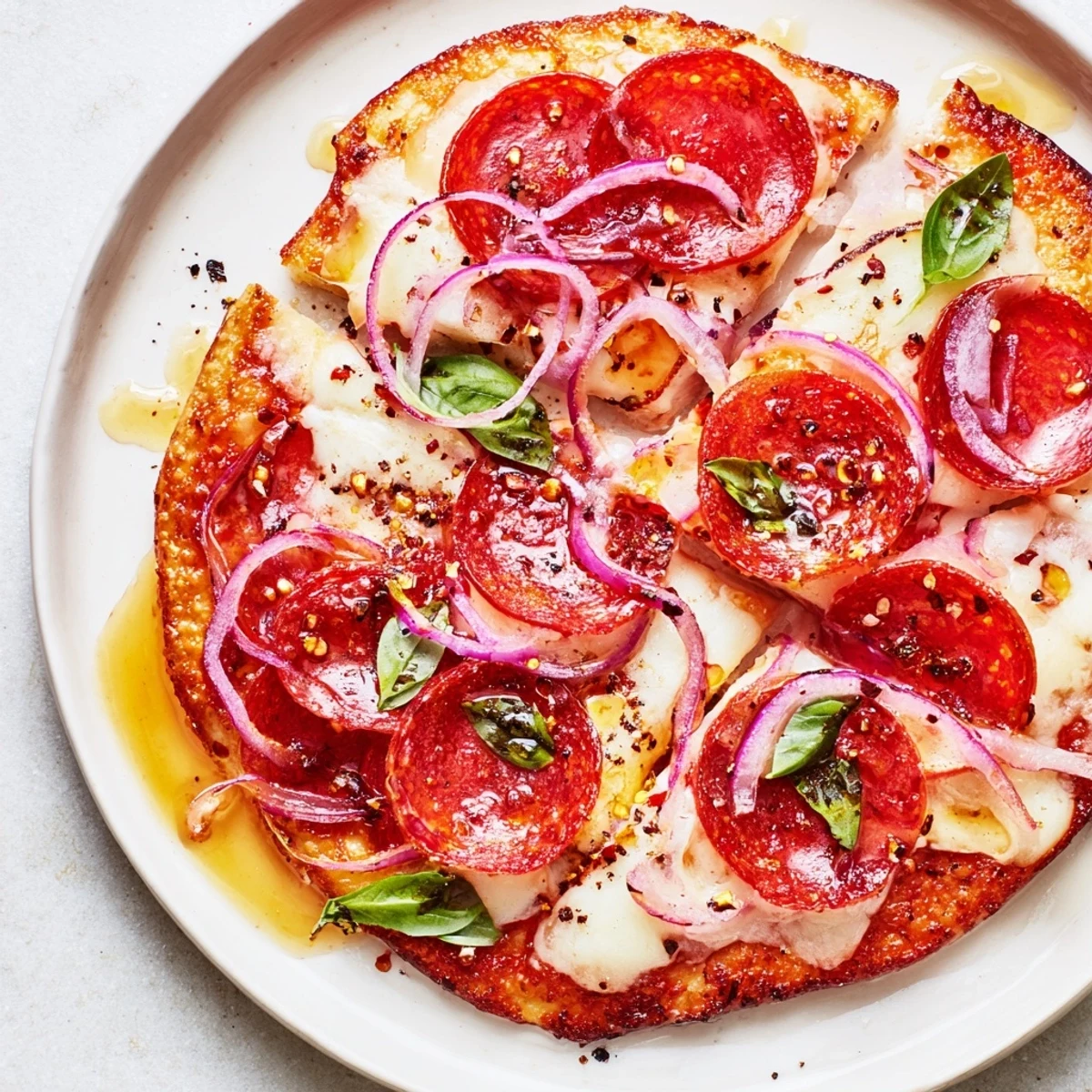 Hot honey pepperoni flatbread fresh from the oven, featuring melted mozzarella and spicy pepperoni.