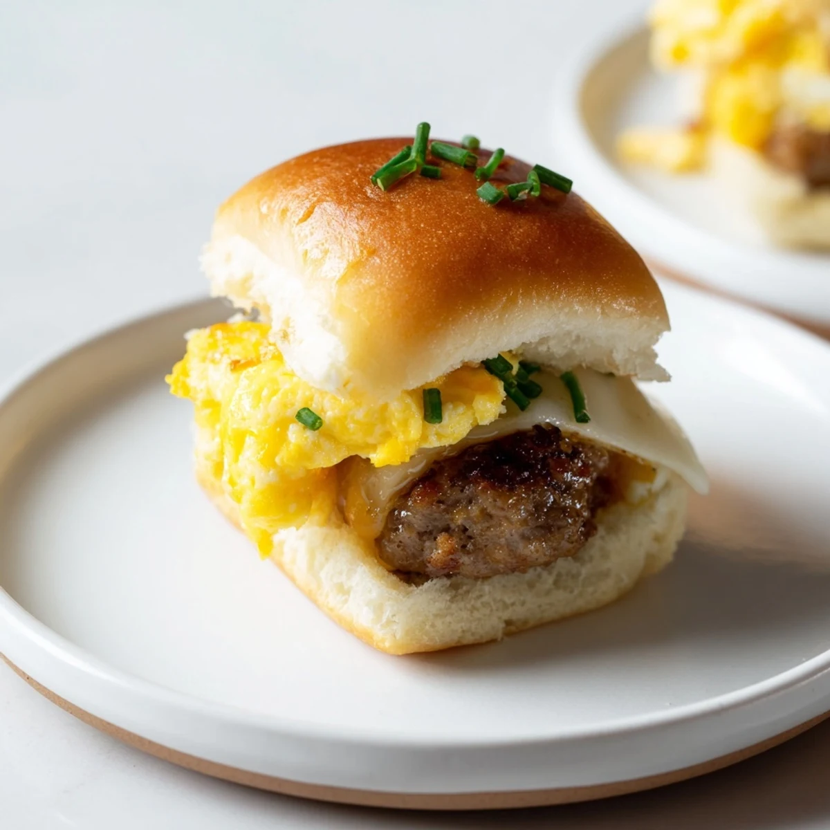 Close-up photo of steaming Mini Breakfast Sliders, highlighting fluffy eggs and savory sausage filling.