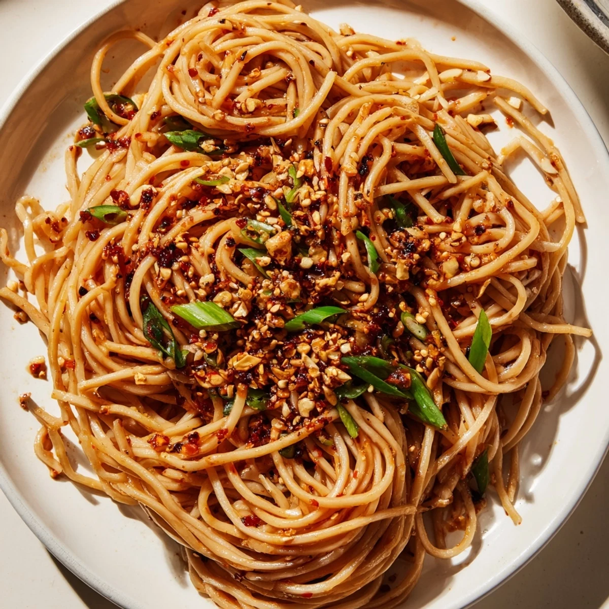 Tempting view: Spicy Garlic Chili Oil Noodles coated in flavorful sauce, garnished with fresh scallions.